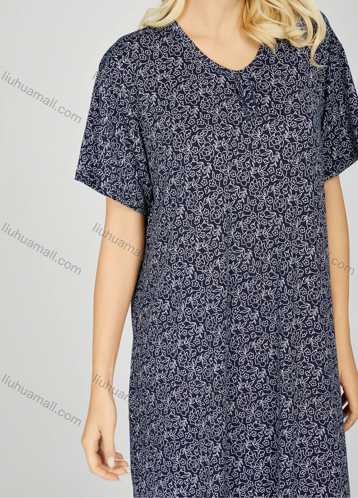 Wholesale Women's Milk Silk Allover Floral Print Crew Neck Lounge Short Sleeve Midi Night Dress 1003# - Liuhuamall