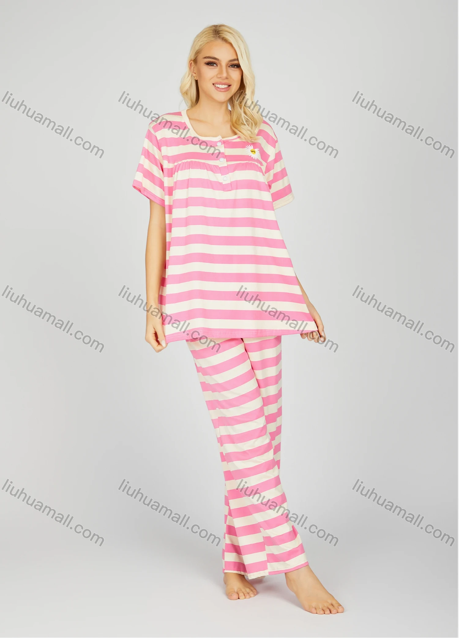 Wholesale Women's Striped Ruched Button Front Milk Silk Short Sleeve Top & Pant Lounge 2 Piece Set 2323# - Liuhuamall