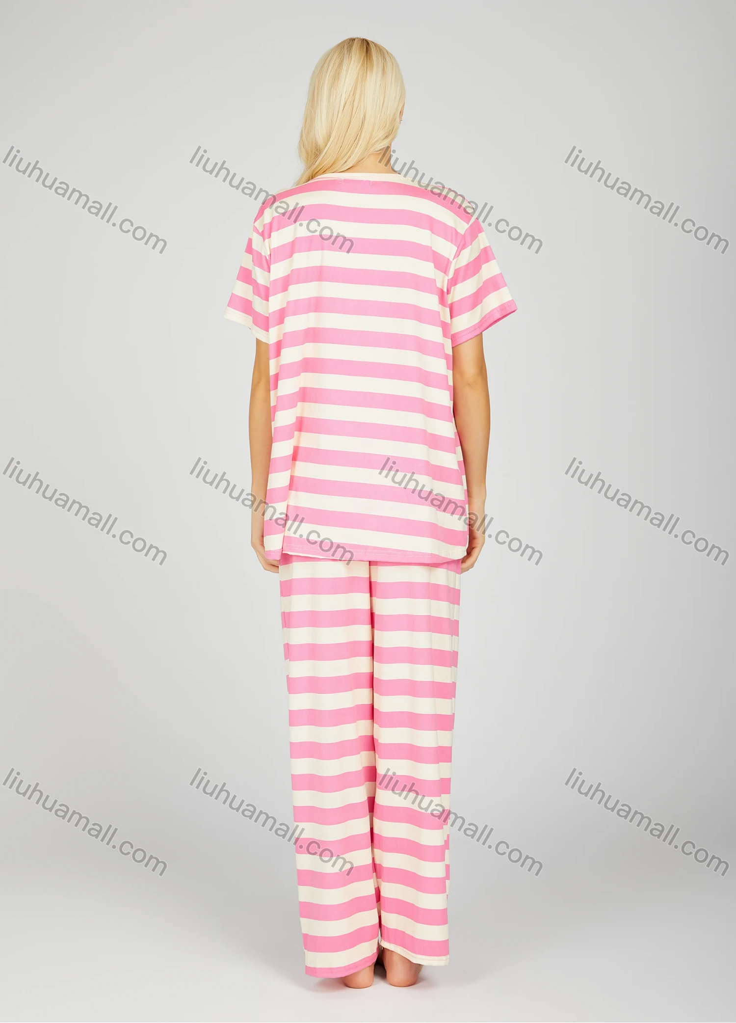 Wholesale Women's Striped Ruched Button Front Milk Silk Short Sleeve Top & Pant Lounge 2 Piece Set 2323# - Liuhuamall