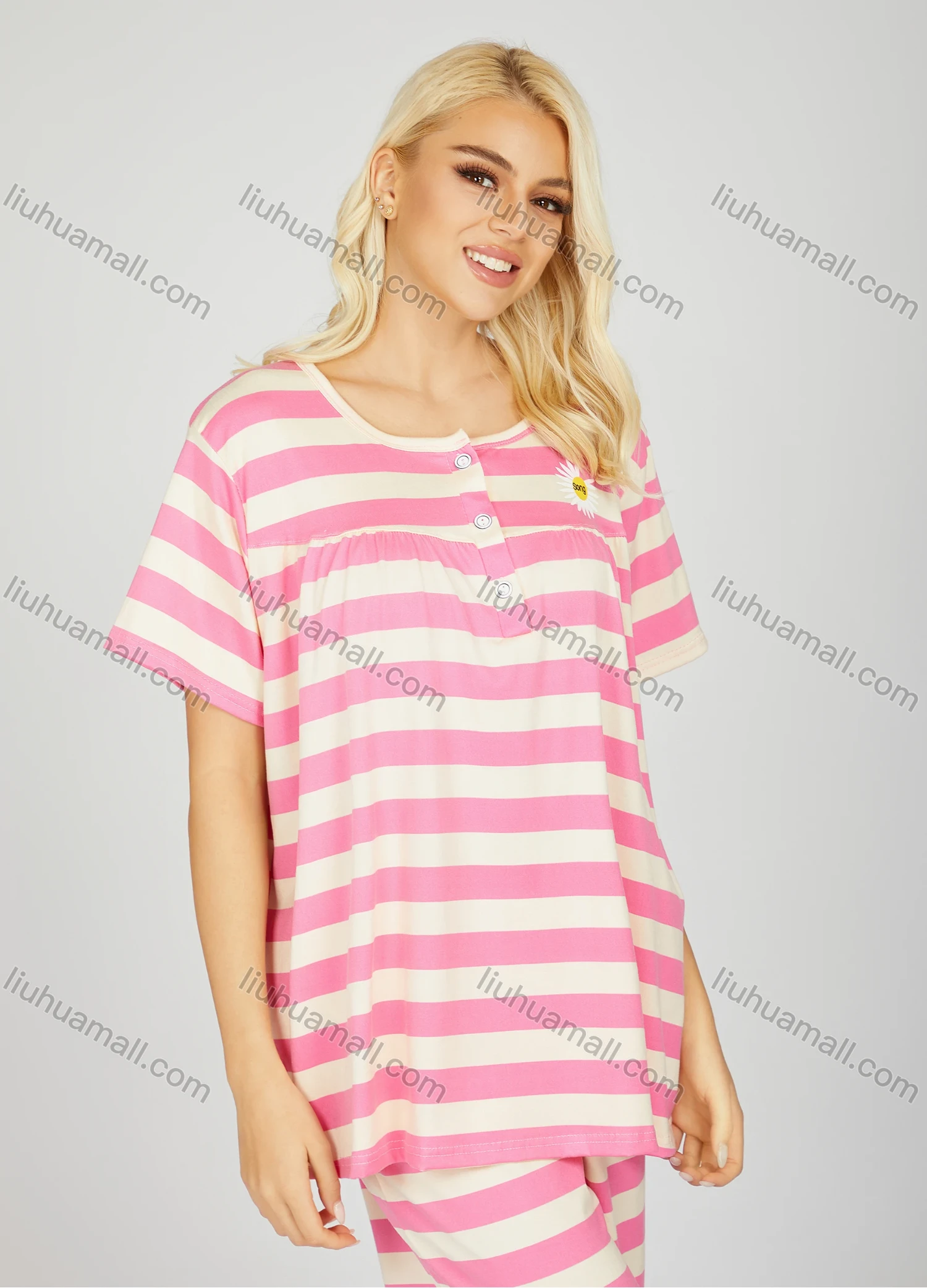 Wholesale Women's Striped Ruched Button Front Milk Silk Short Sleeve Top & Pant Lounge 2 Piece Set 2323# - Liuhuamall