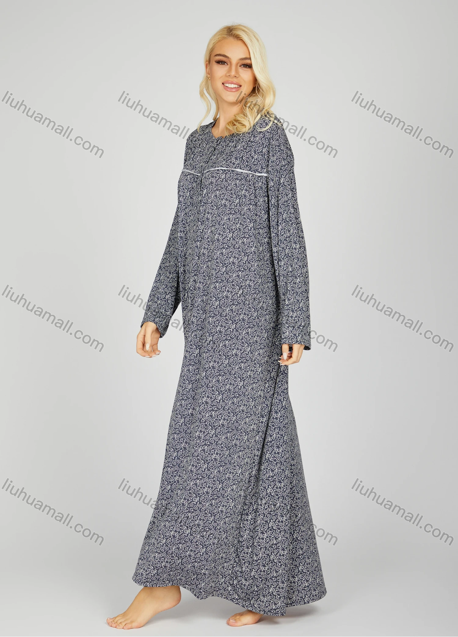 Wholesale Women's Comfy Milk Silk Ditsy Floral Crew Neck Button Front Lounge Long Sleeve Maxi Night Dress 1002# - Liuhuamall