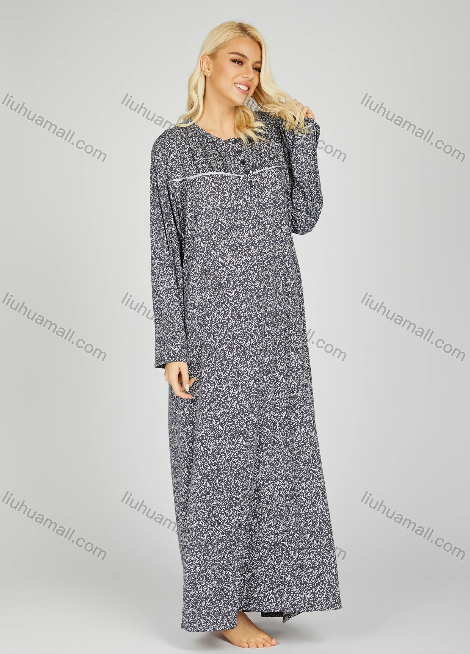 Wholesale Women's Comfy Milk Silk Ditsy Floral Crew Neck Button Front Lounge Long Sleeve Maxi Night Dress 1002# - Liuhuamall