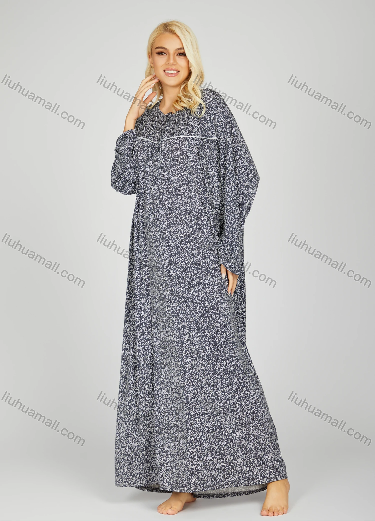 Wholesale Women's Comfy Milk Silk Ditsy Floral Crew Neck Button Front Lounge Long Sleeve Maxi Night Dress 1002# - Liuhuamall