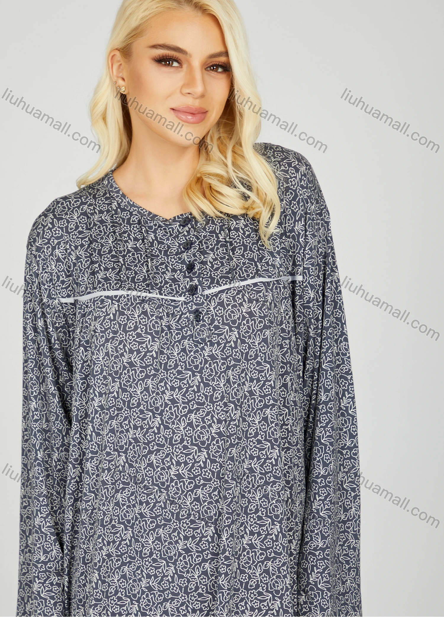 Wholesale Women's Comfy Milk Silk Ditsy Floral Crew Neck Button Front Lounge Long Sleeve Maxi Night Dress 1002# - Liuhuamall