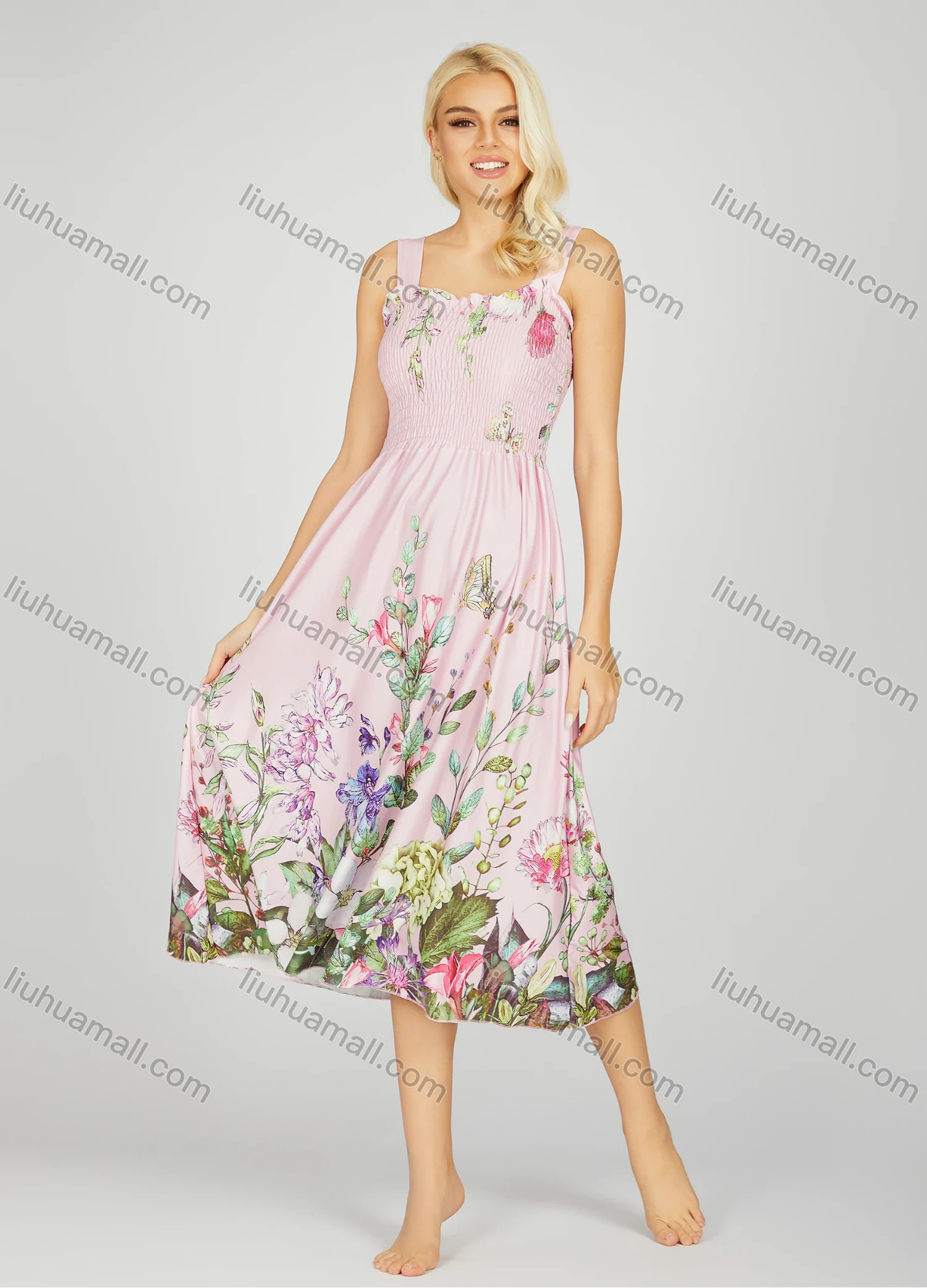 Wholesale Women's Milk Silk Floral Print Ruffle Trim Shirred Ruched Midi Tank Night Dress 20-19# - Liuhuamall