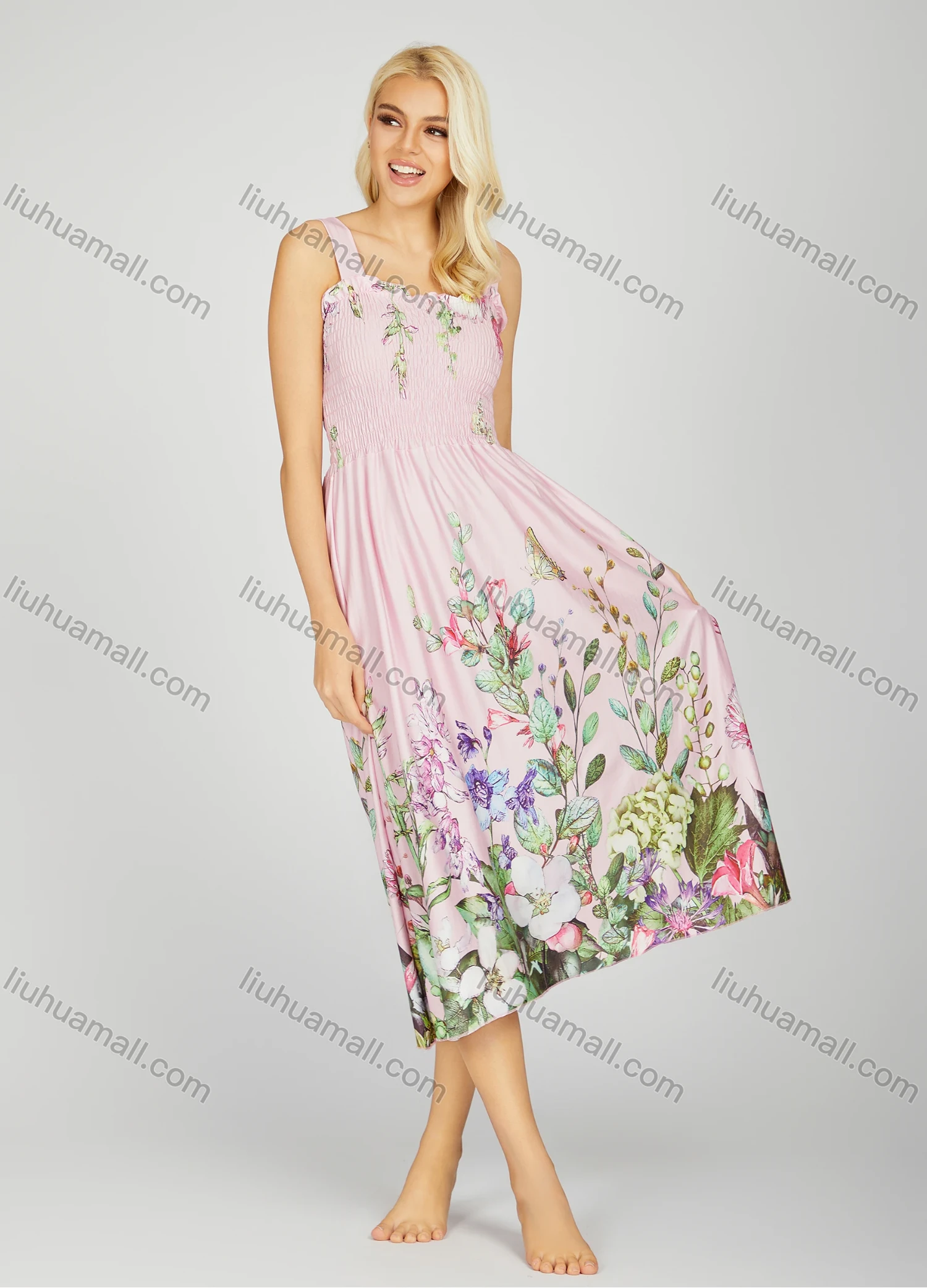 Wholesale Women's Milk Silk Floral Print Ruffle Trim Shirred Ruched Midi Tank Night Dress 20-19# - Liuhuamall
