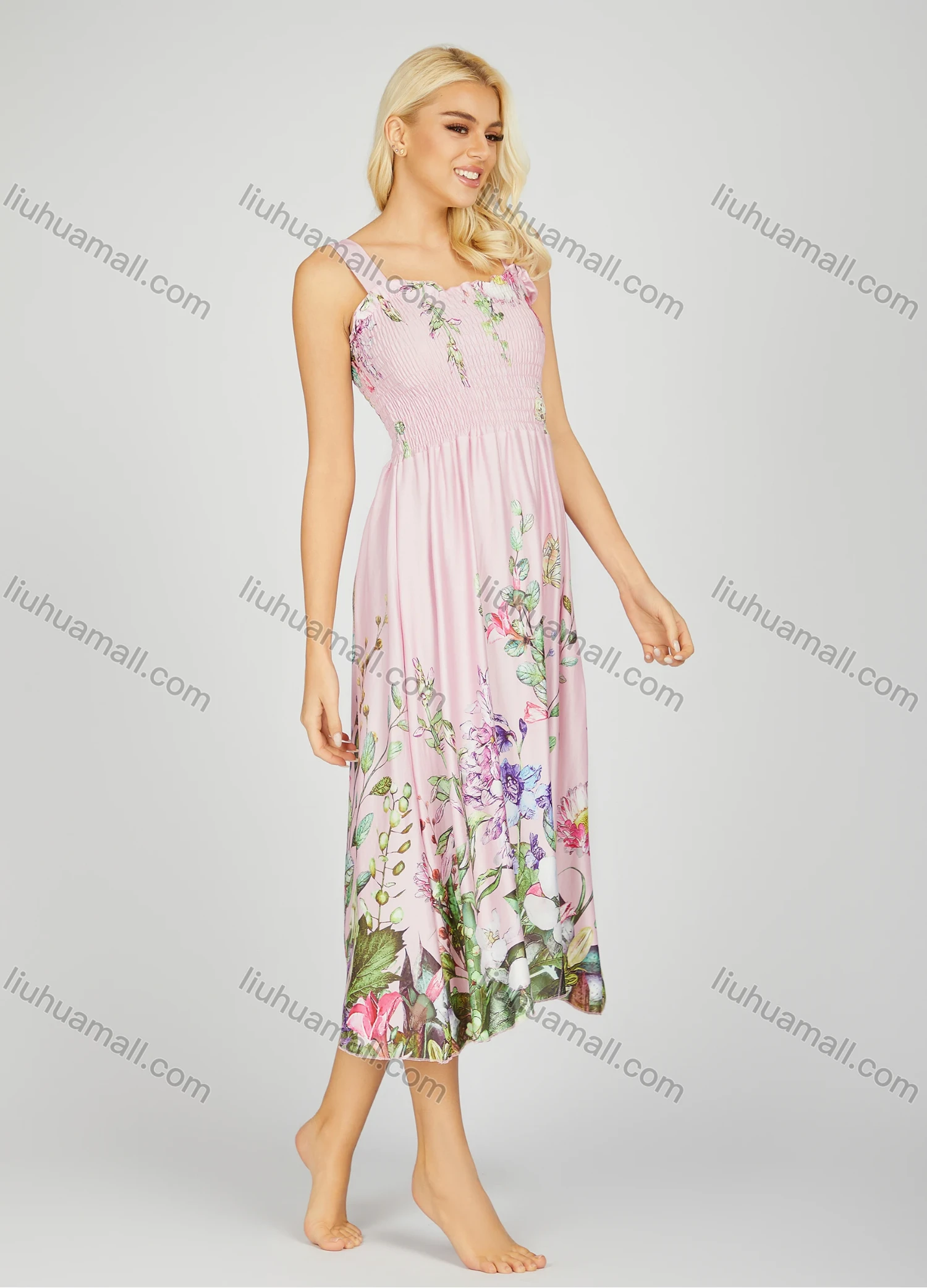 Wholesale Women's Milk Silk Floral Print Ruffle Trim Shirred Ruched Midi Tank Night Dress 20-19# - Liuhuamall