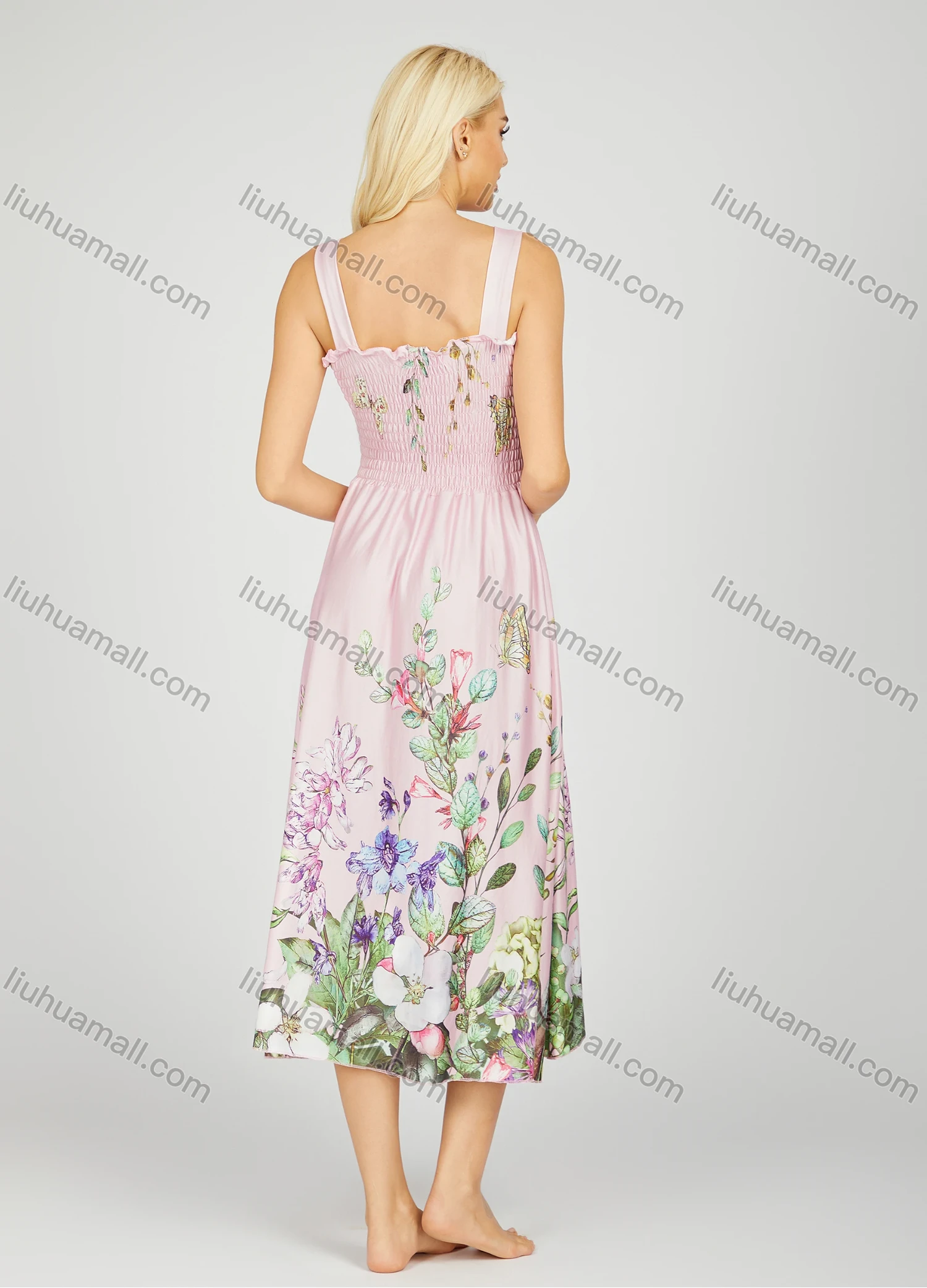 Wholesale Women's Milk Silk Floral Print Ruffle Trim Shirred Ruched Midi Tank Night Dress 20-19# - Liuhuamall