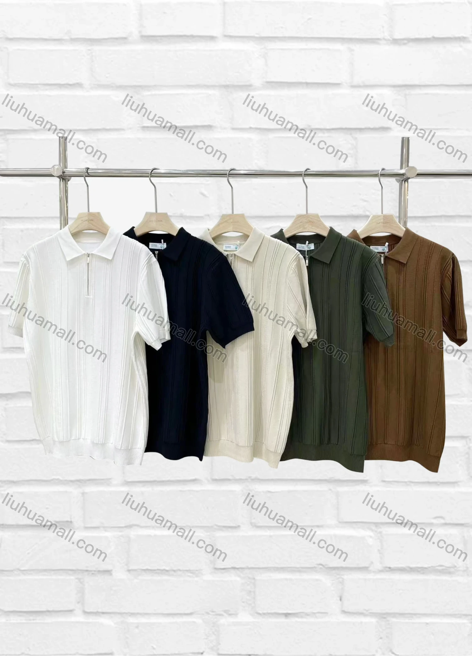 Wholesale Men's Casual Plain Ribbed Quarter Zip Short Sleeve Henley Shirt C72081# - Liuhuamall