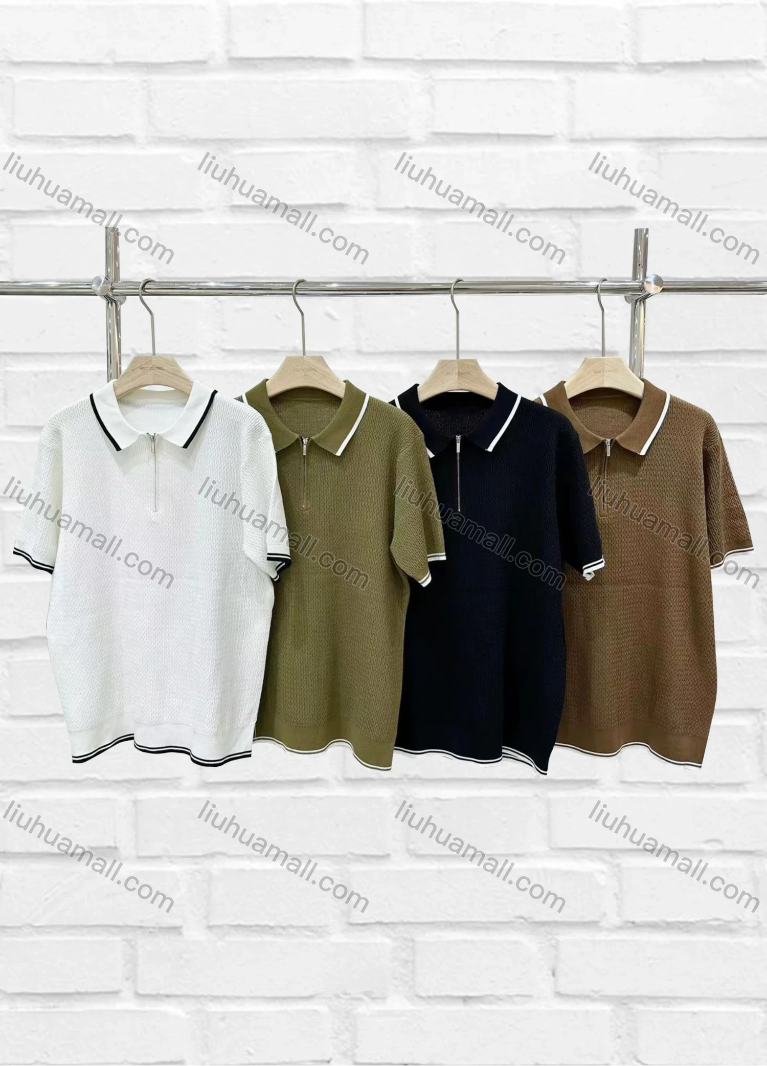 Wholesale Men's Casual Plain Quarter Zip Striped Trim Short Sleeve Henley Shirt C72107# - Liuhuamall