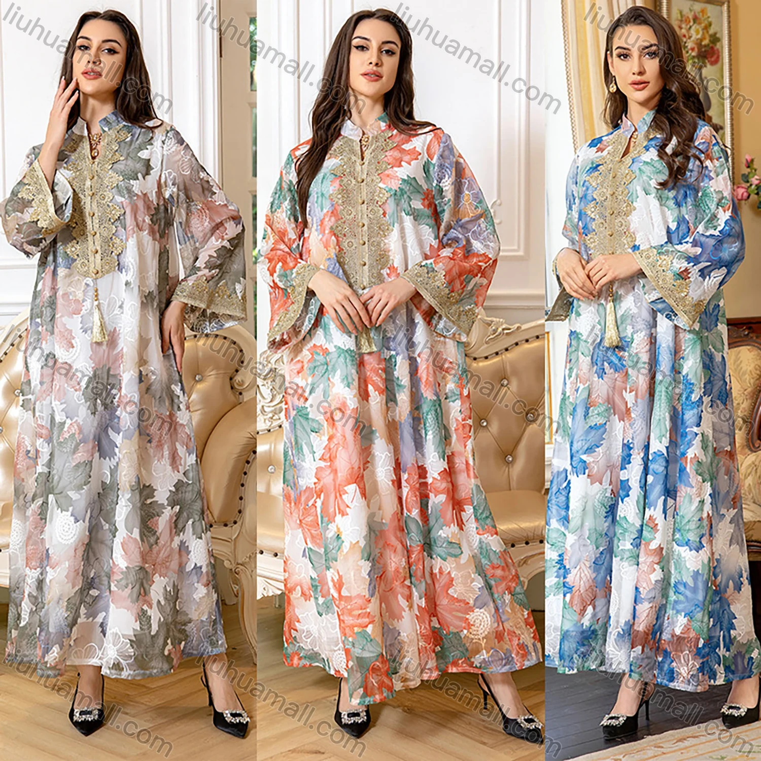 Wholesale Women's Elegant Muslim Allover Leaf Print Tassel Notched Collar Button Front Long Sleeve Dubai Abaya Dress - Liuhuamall