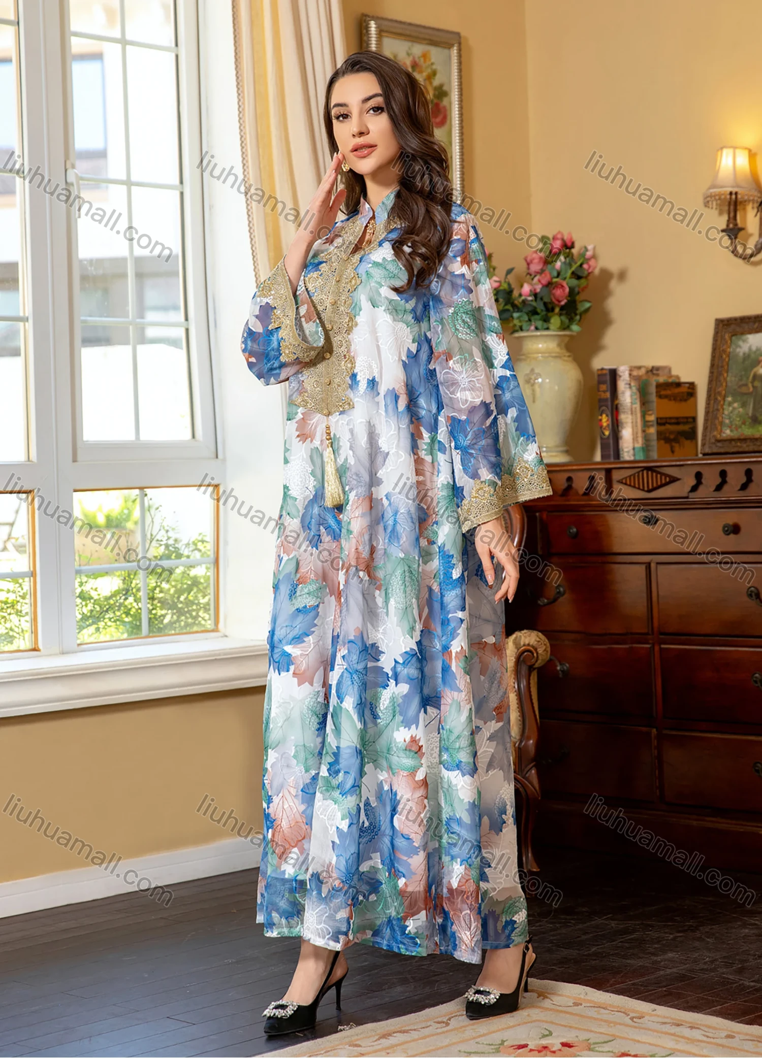 Wholesale Women's Elegant Muslim Allover Leaf Print Tassel Notched Collar Button Front Long Sleeve Dubai Abaya Dress - Liuhuamall