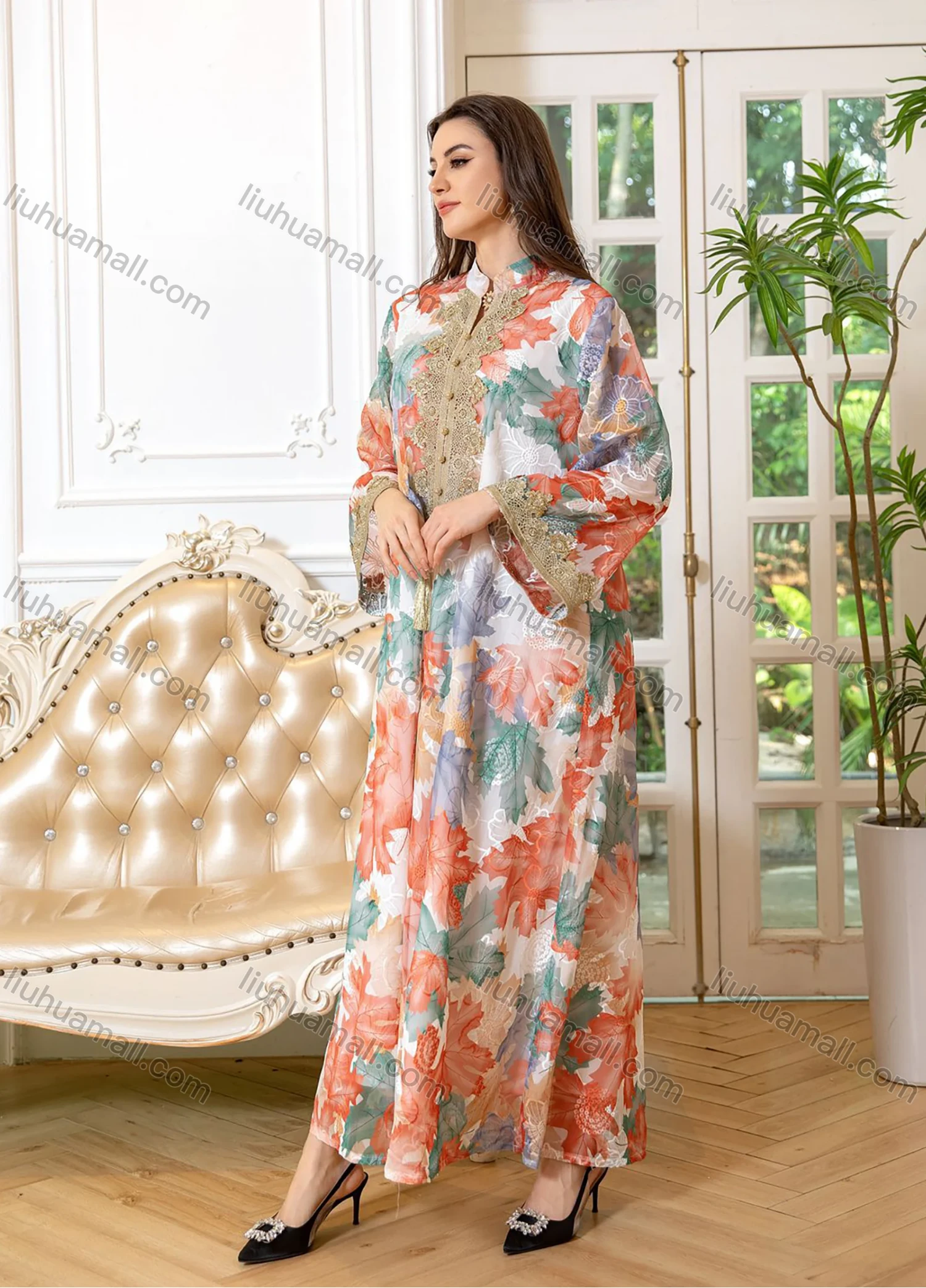 Wholesale Women's Elegant Muslim Allover Leaf Print Tassel Notched Collar Button Front Long Sleeve Dubai Abaya Dress - Liuhuamall