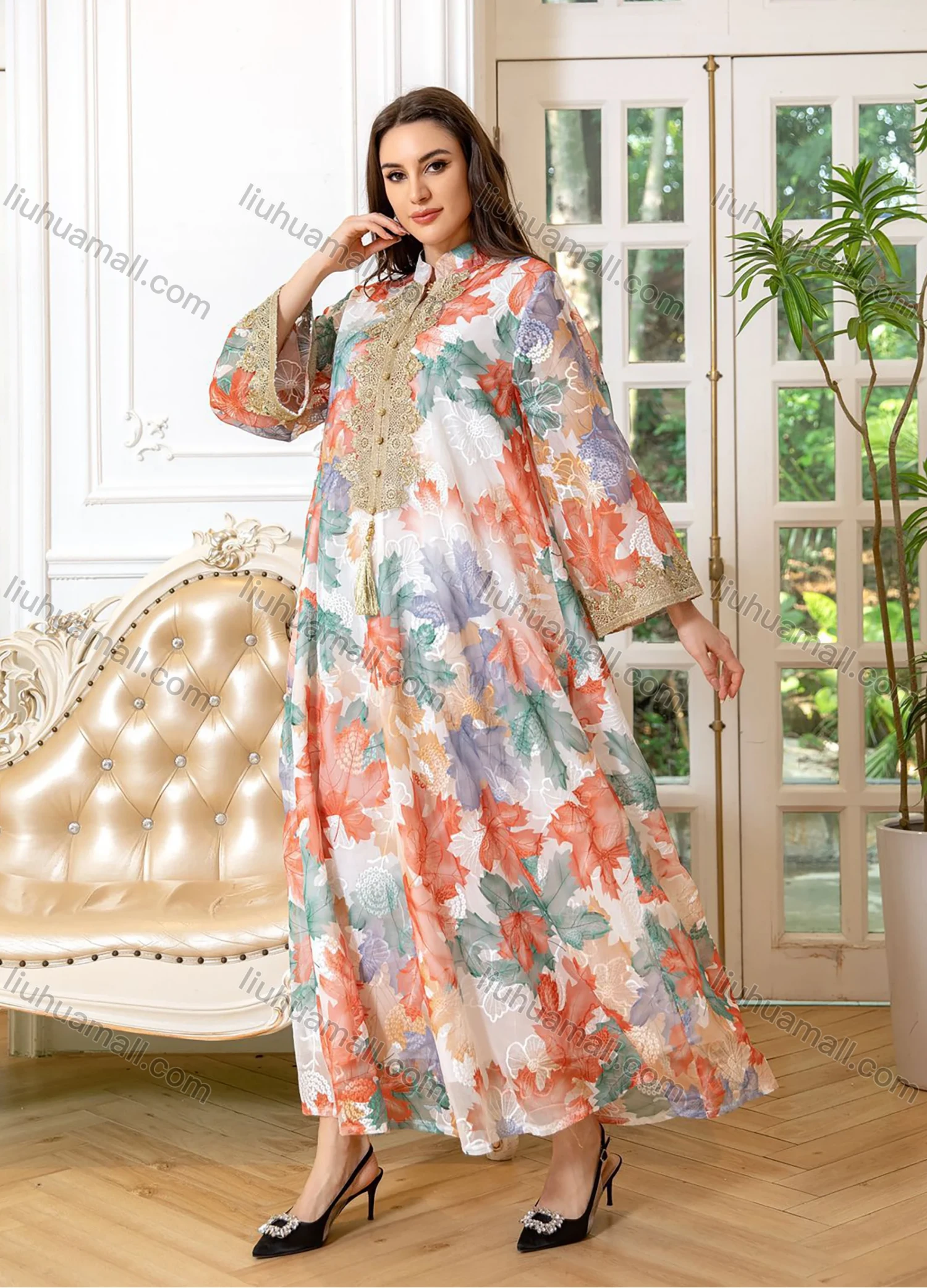 Wholesale Women's Elegant Muslim Allover Leaf Print Tassel Notched Collar Button Front Long Sleeve Dubai Abaya Dress - Liuhuamall