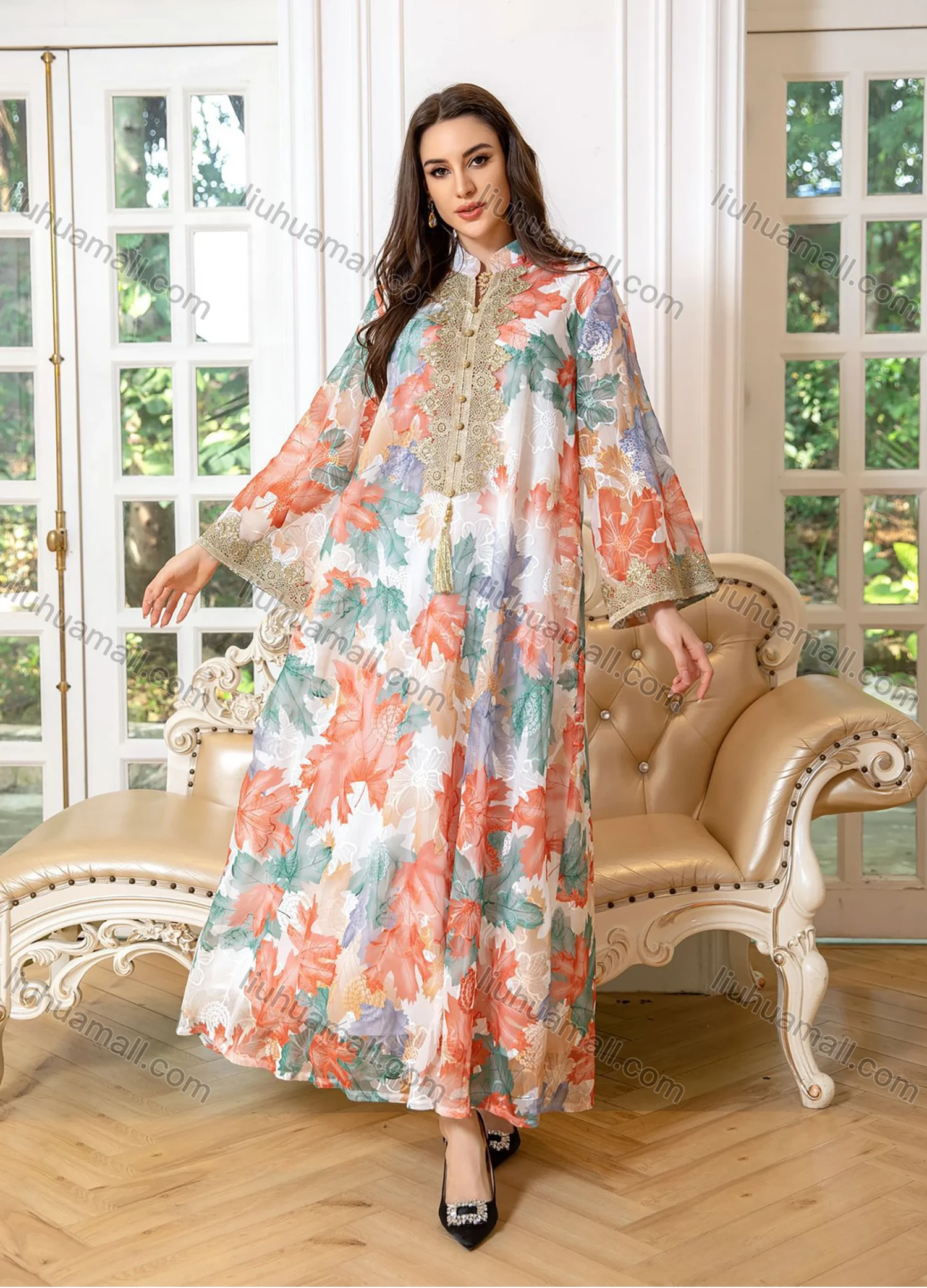 Wholesale Women's Elegant Muslim Allover Leaf Print Tassel Notched Collar Button Front Long Sleeve Dubai Abaya Dress - Liuhuamall