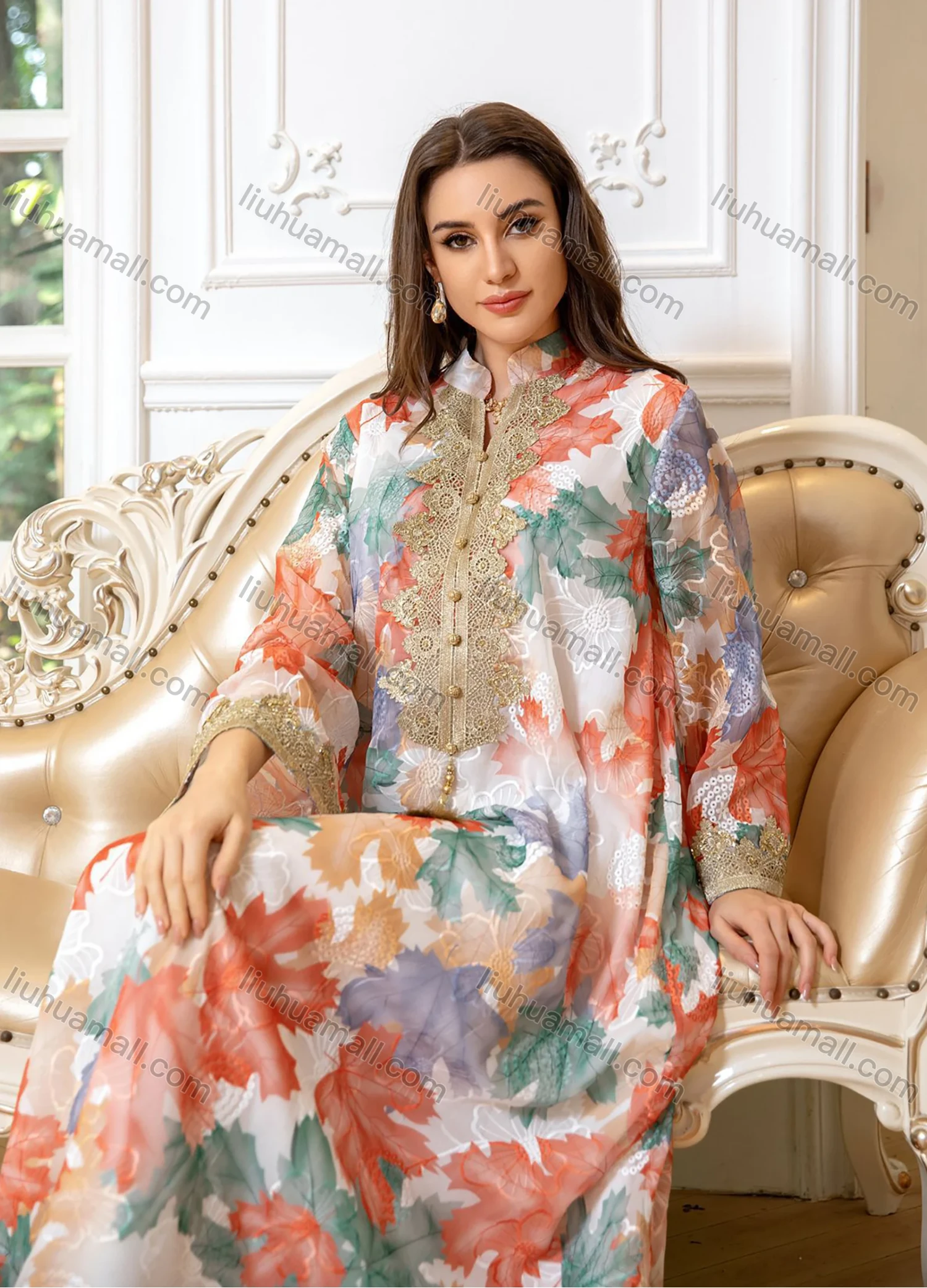 Wholesale Women's Elegant Muslim Allover Leaf Print Tassel Notched Collar Button Front Long Sleeve Dubai Abaya Dress - Liuhuamall