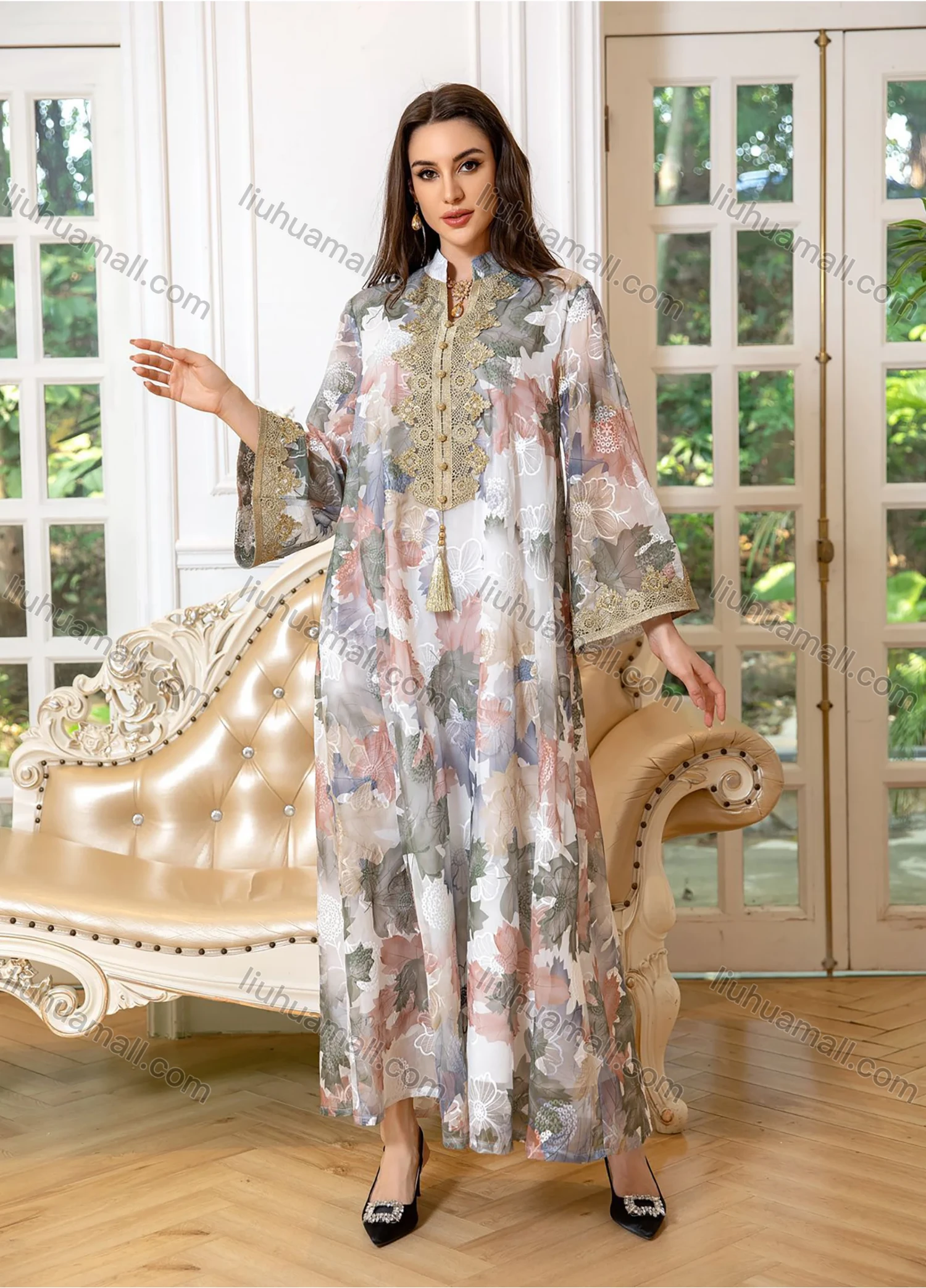 Wholesale Women's Elegant Muslim Allover Leaf Print Tassel Notched Collar Button Front Long Sleeve Dubai Abaya Dress - Liuhuamall