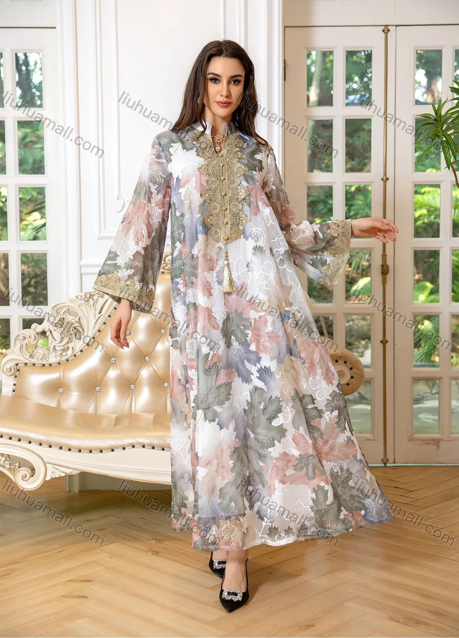 Wholesale Women's Elegant Muslim Allover Leaf Print Tassel Notched Collar Button Front Long Sleeve Dubai Abaya Dress - Liuhuamall