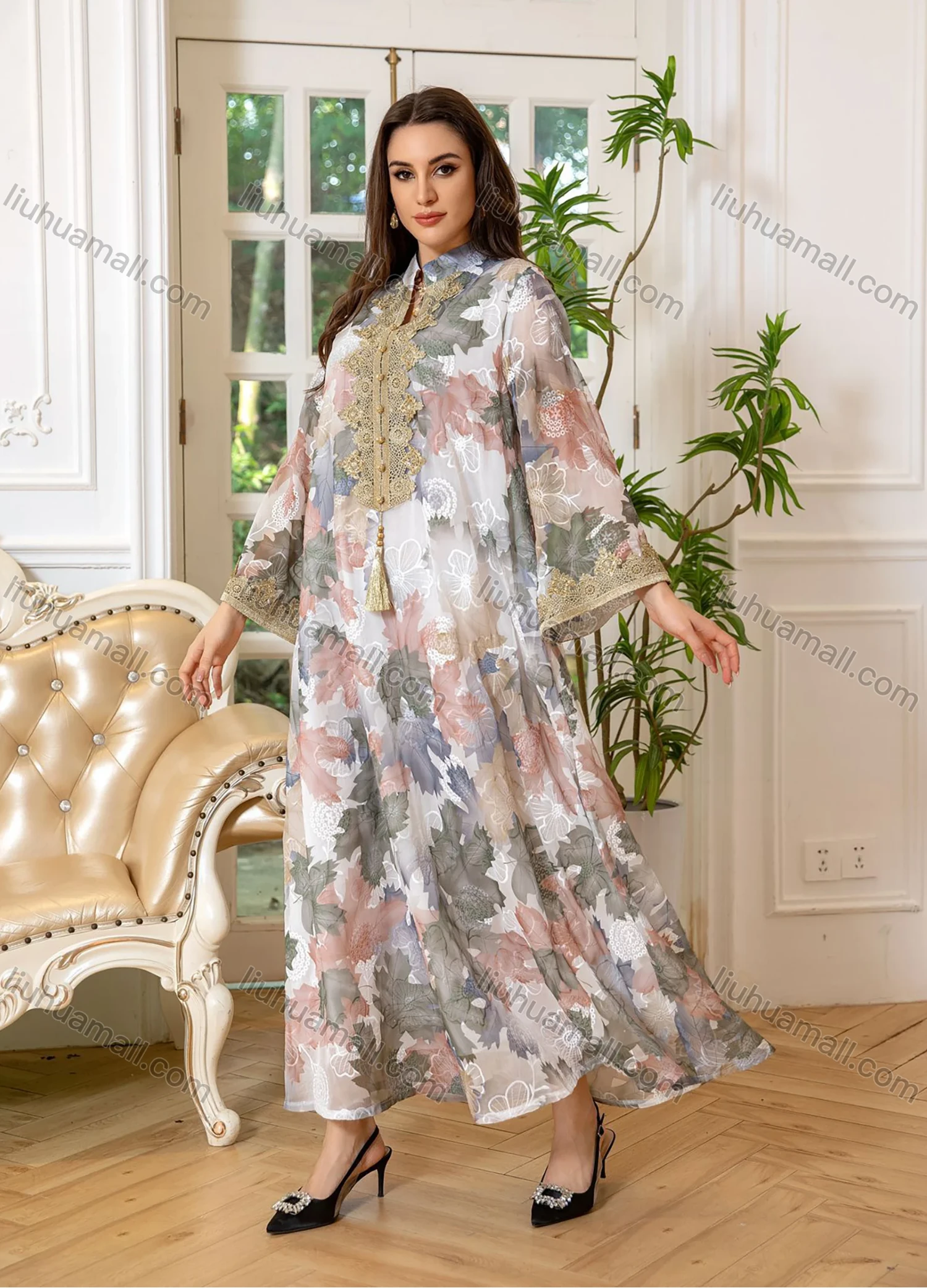 Wholesale Women's Elegant Muslim Allover Leaf Print Tassel Notched Collar Button Front Long Sleeve Dubai Abaya Dress - Liuhuamall