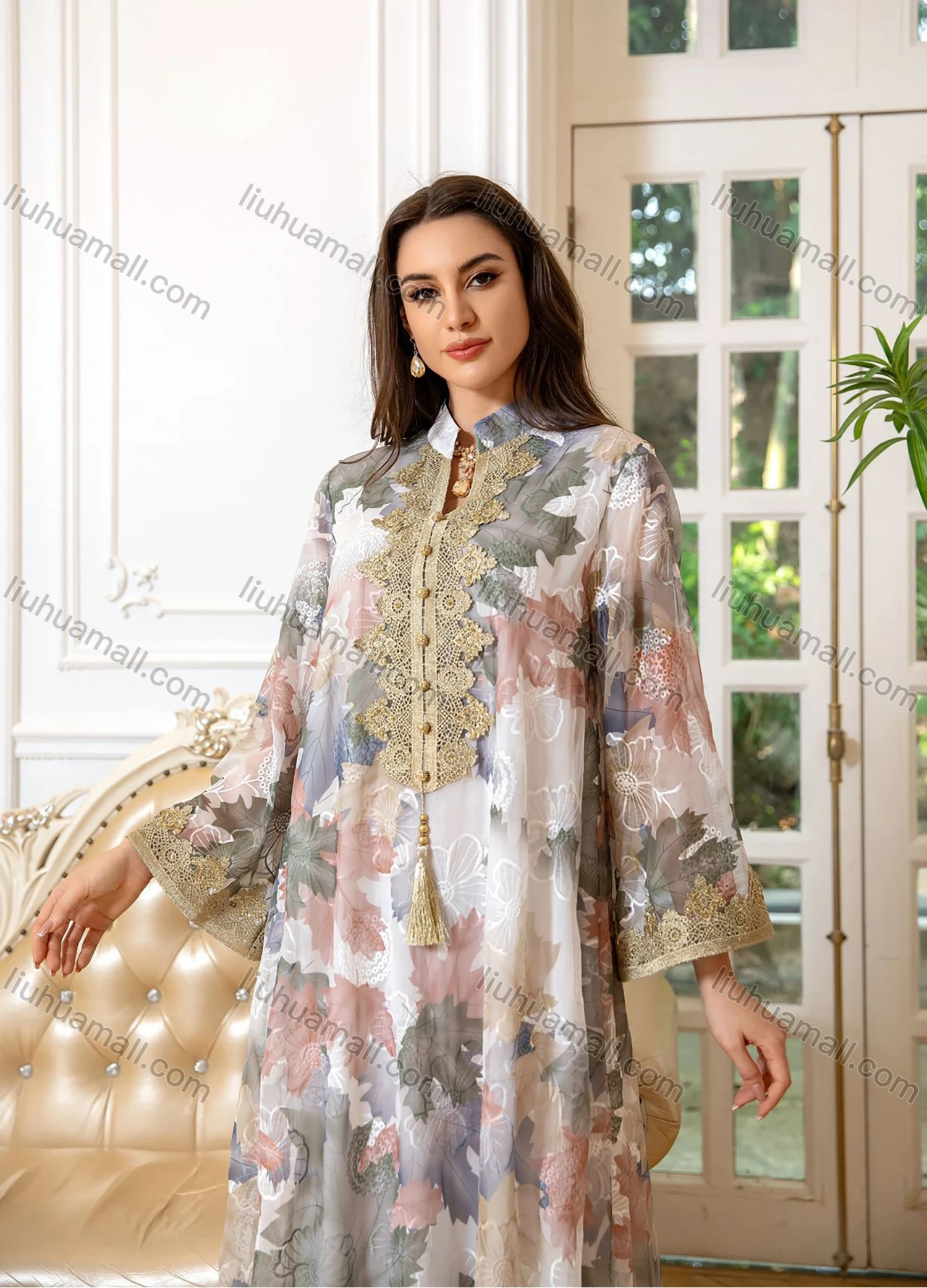 Wholesale Women's Elegant Muslim Allover Leaf Print Tassel Notched Collar Button Front Long Sleeve Dubai Abaya Dress - Liuhuamall