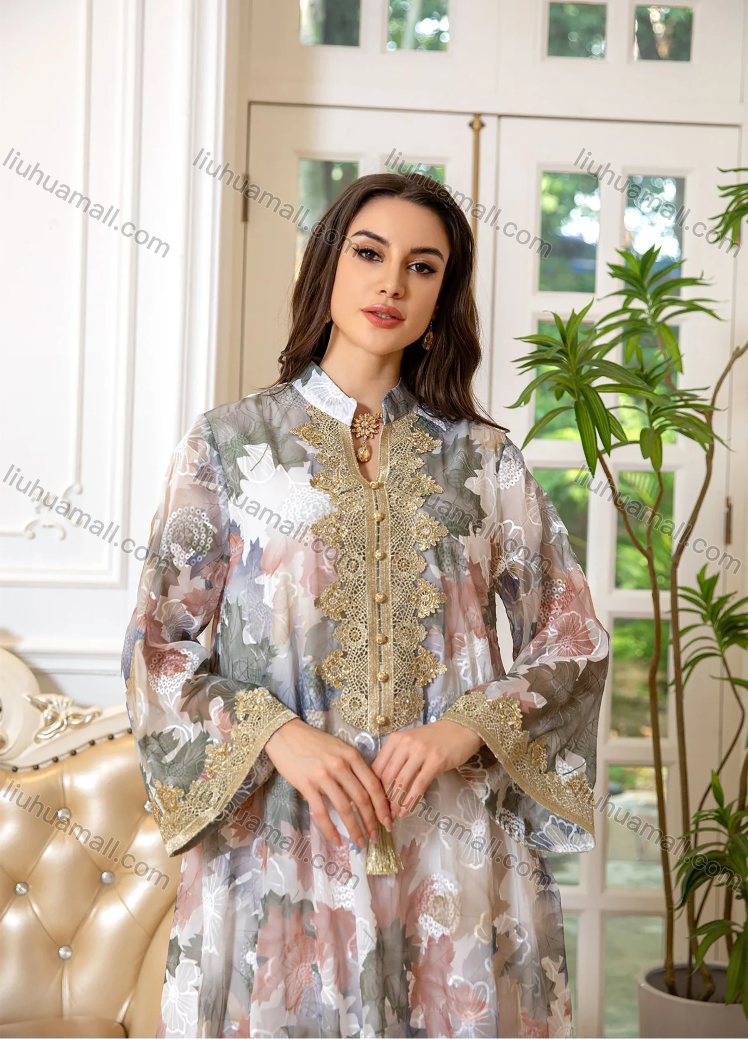 Wholesale Women's Elegant Muslim Allover Leaf Print Tassel Notched Collar Button Front Long Sleeve Dubai Abaya Dress - Liuhuamall