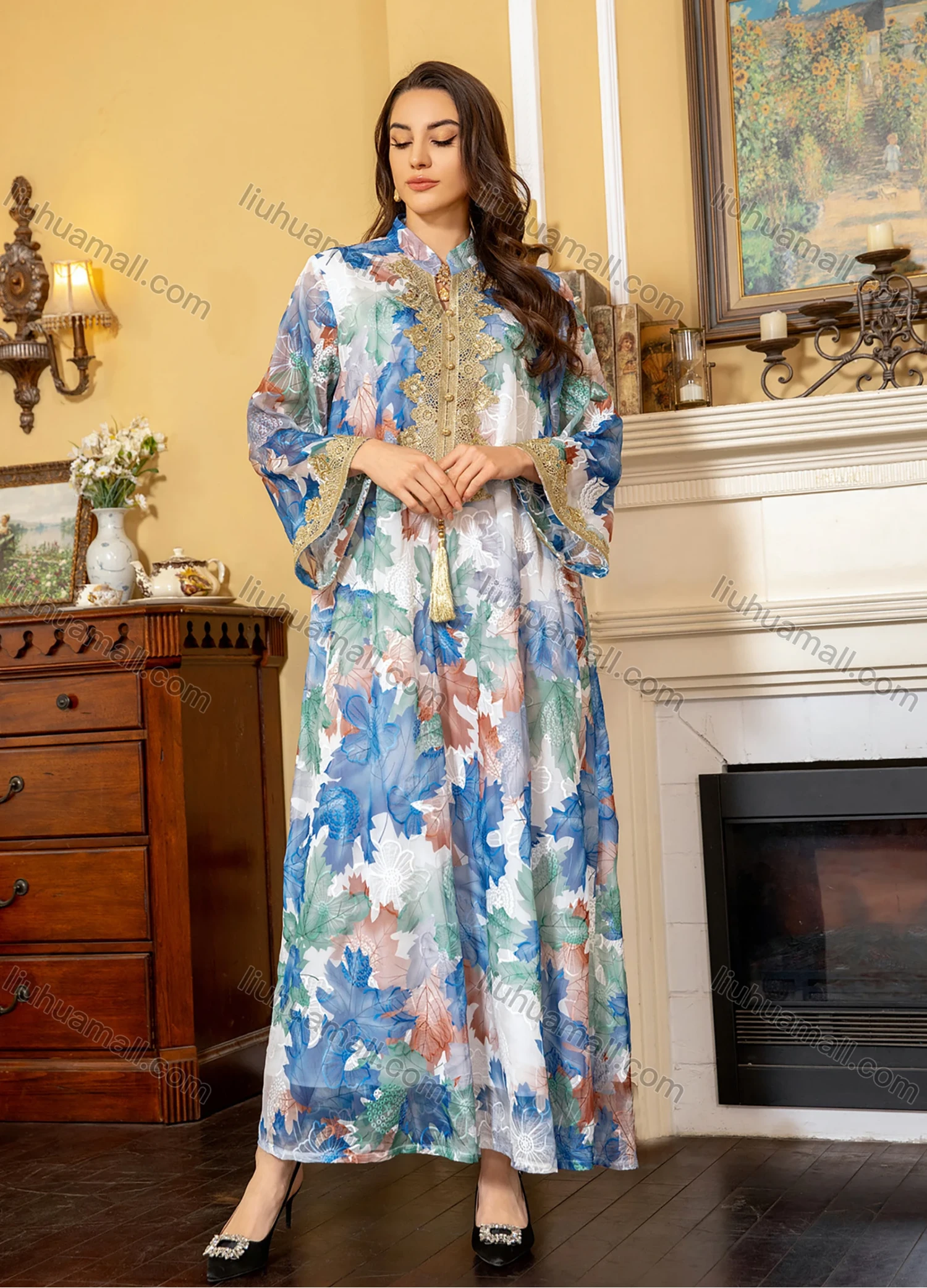 Wholesale Women's Elegant Muslim Allover Leaf Print Tassel Notched Collar Button Front Long Sleeve Dubai Abaya Dress - Liuhuamall