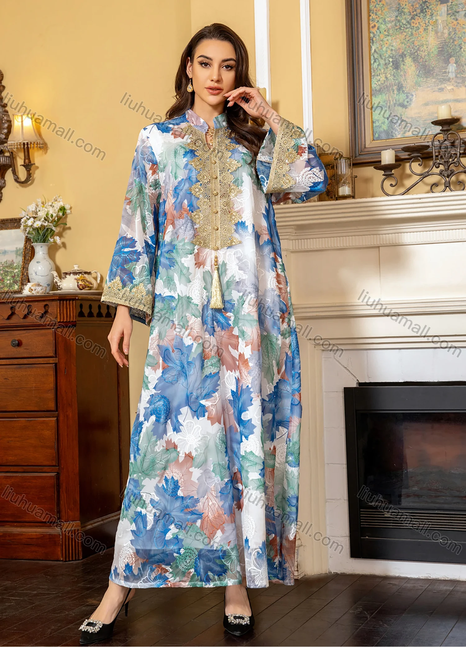 Wholesale Women's Elegant Muslim Allover Leaf Print Tassel Notched Collar Button Front Long Sleeve Dubai Abaya Dress - Liuhuamall