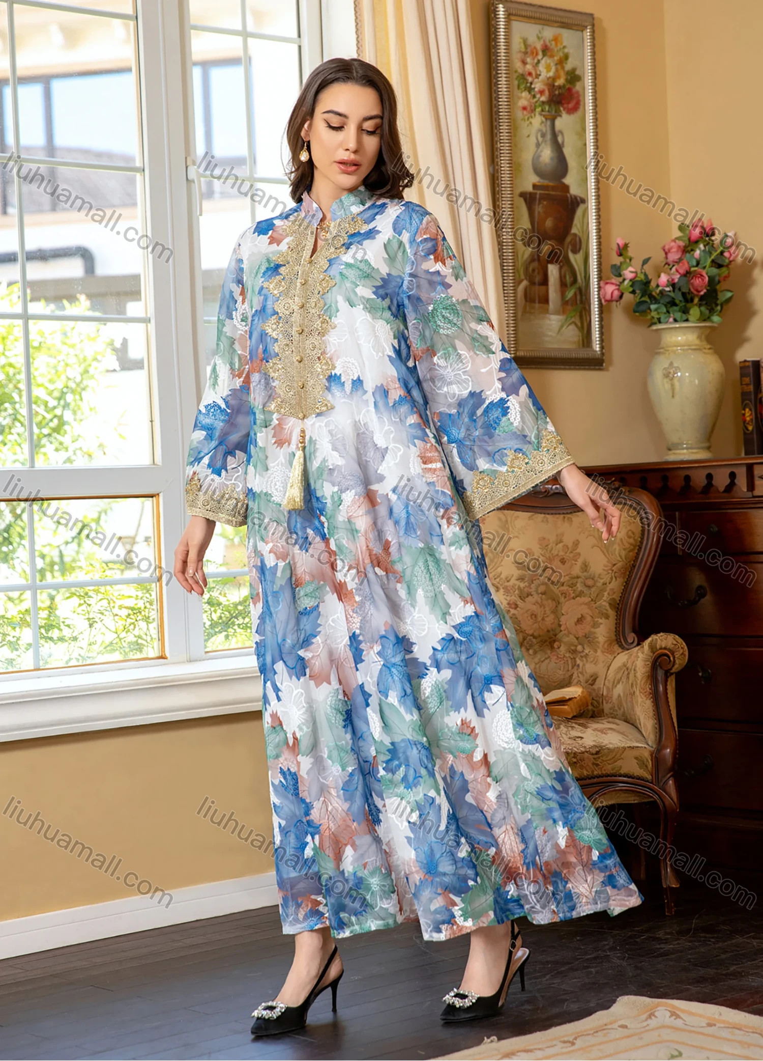 Wholesale Women's Elegant Muslim Allover Leaf Print Tassel Notched Collar Button Front Long Sleeve Dubai Abaya Dress - Liuhuamall