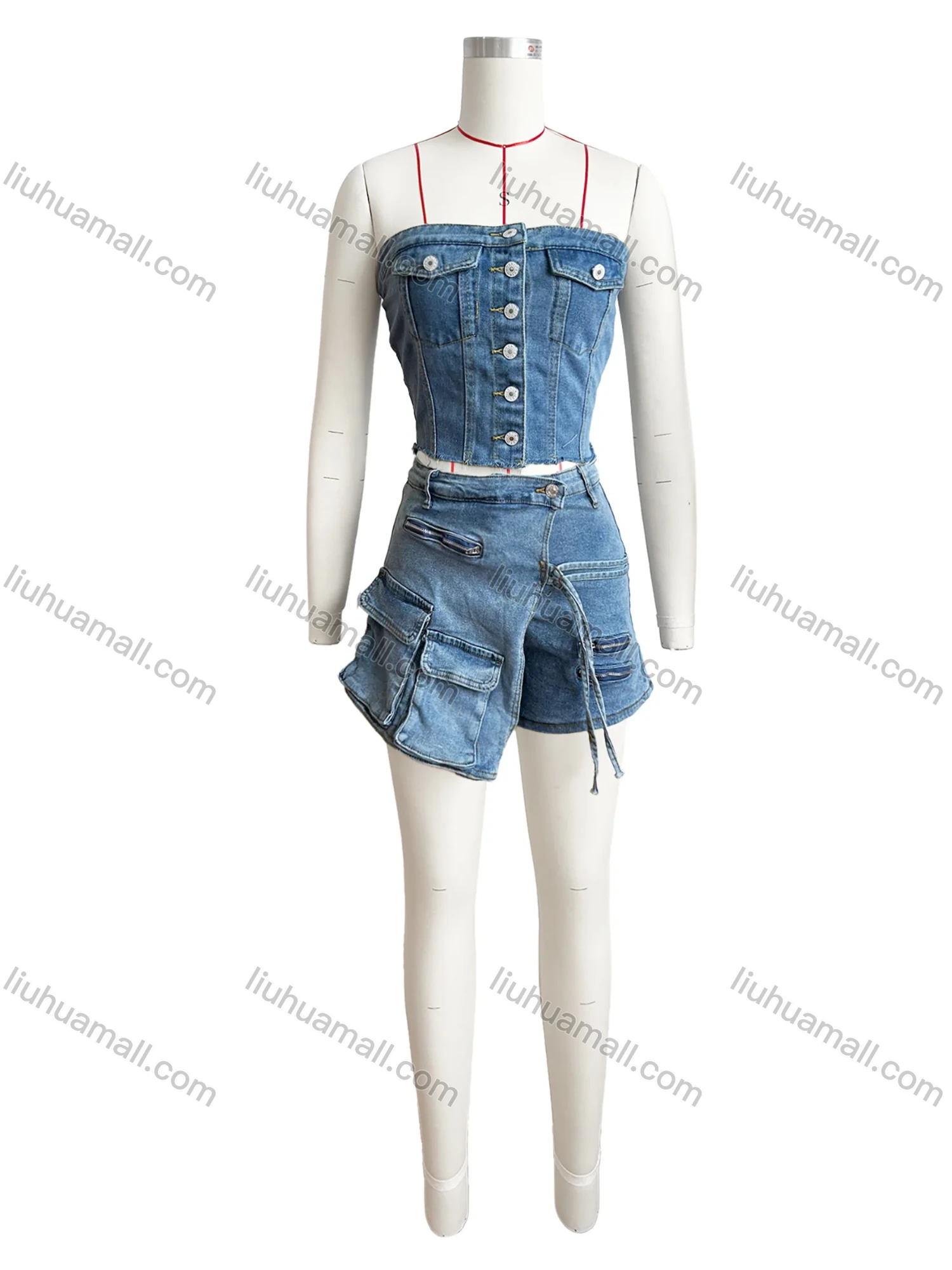 Wholesale Women's Street Button Down Wash Shirred Denim Tube Crop Top & Zip Decor Multiple Pockets Shorts Set - Liuhuamall