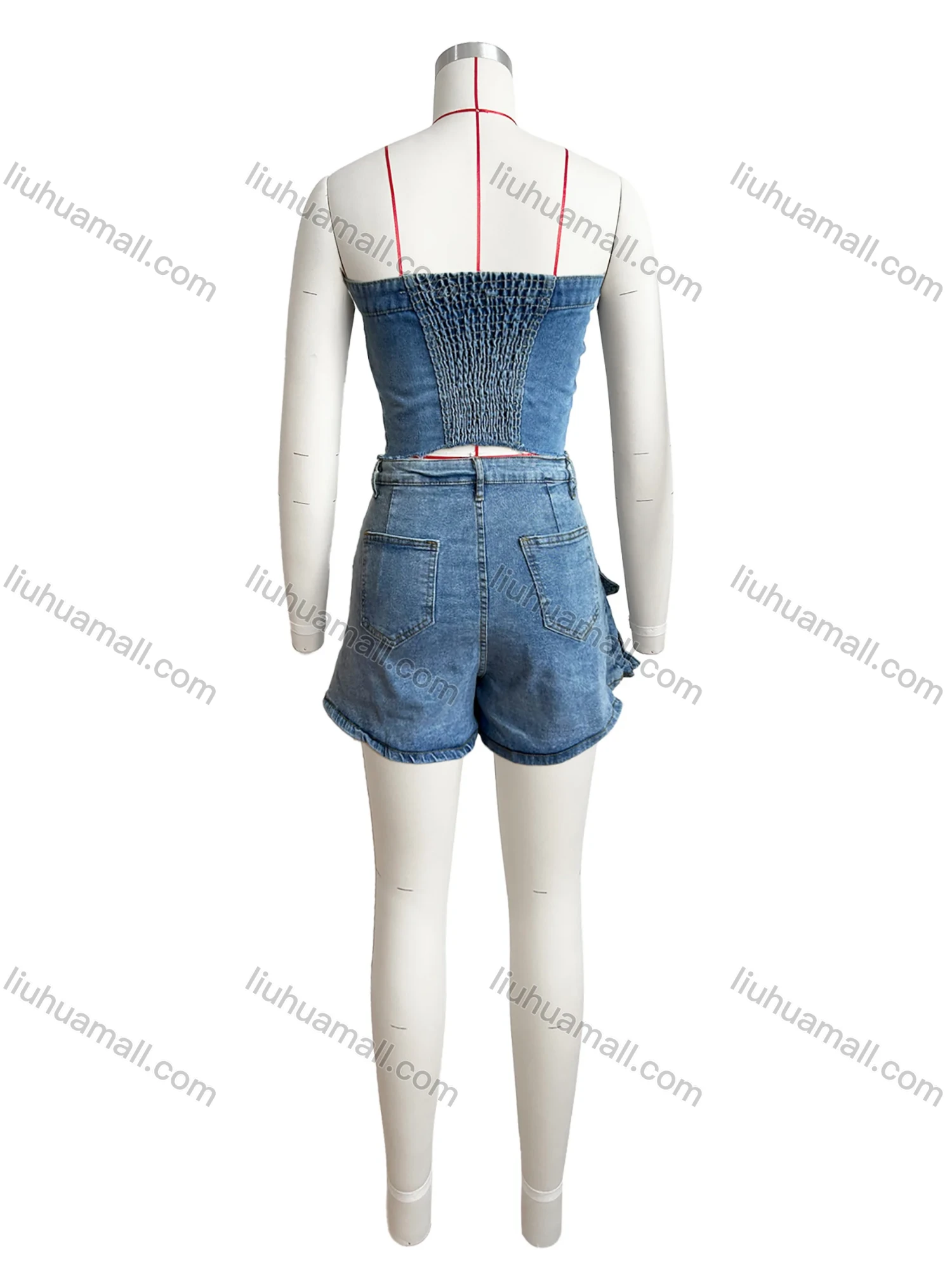 Wholesale Women's Street Button Down Wash Shirred Denim Tube Crop Top & Zip Decor Multiple Pockets Shorts Set - Liuhuamall