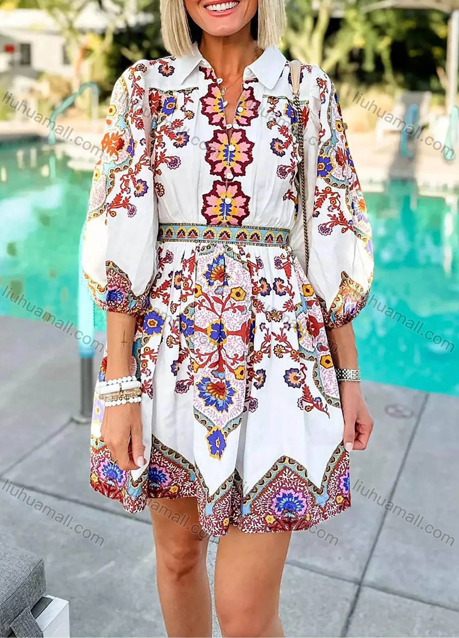 Wholesale Women's Bohemian Button Front Ruched Patch Pocket Collared Half Sleeve Short Dress - Liuhuamall