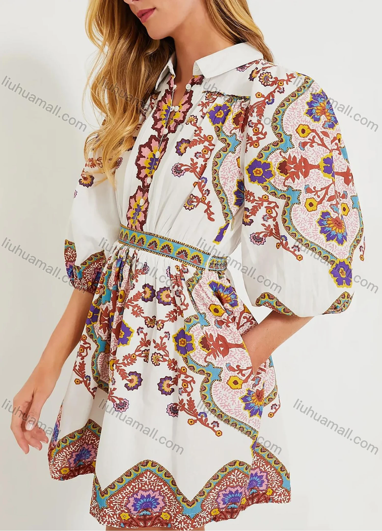 Wholesale Women's Bohemian Button Front Ruched Patch Pocket Collared Half Sleeve Short Dress - Liuhuamall