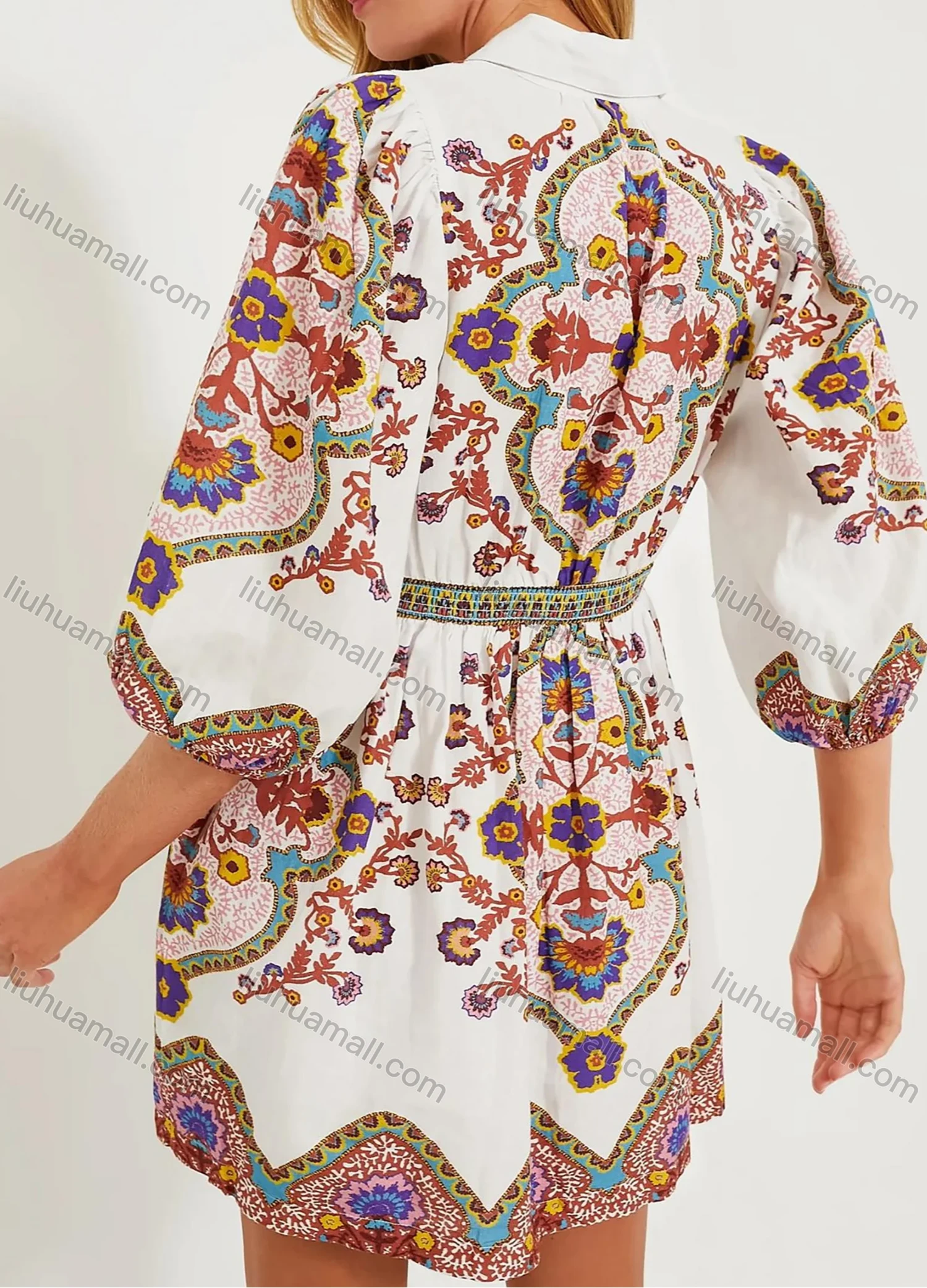 Wholesale Women's Bohemian Button Front Ruched Patch Pocket Collared Half Sleeve Short Dress - Liuhuamall