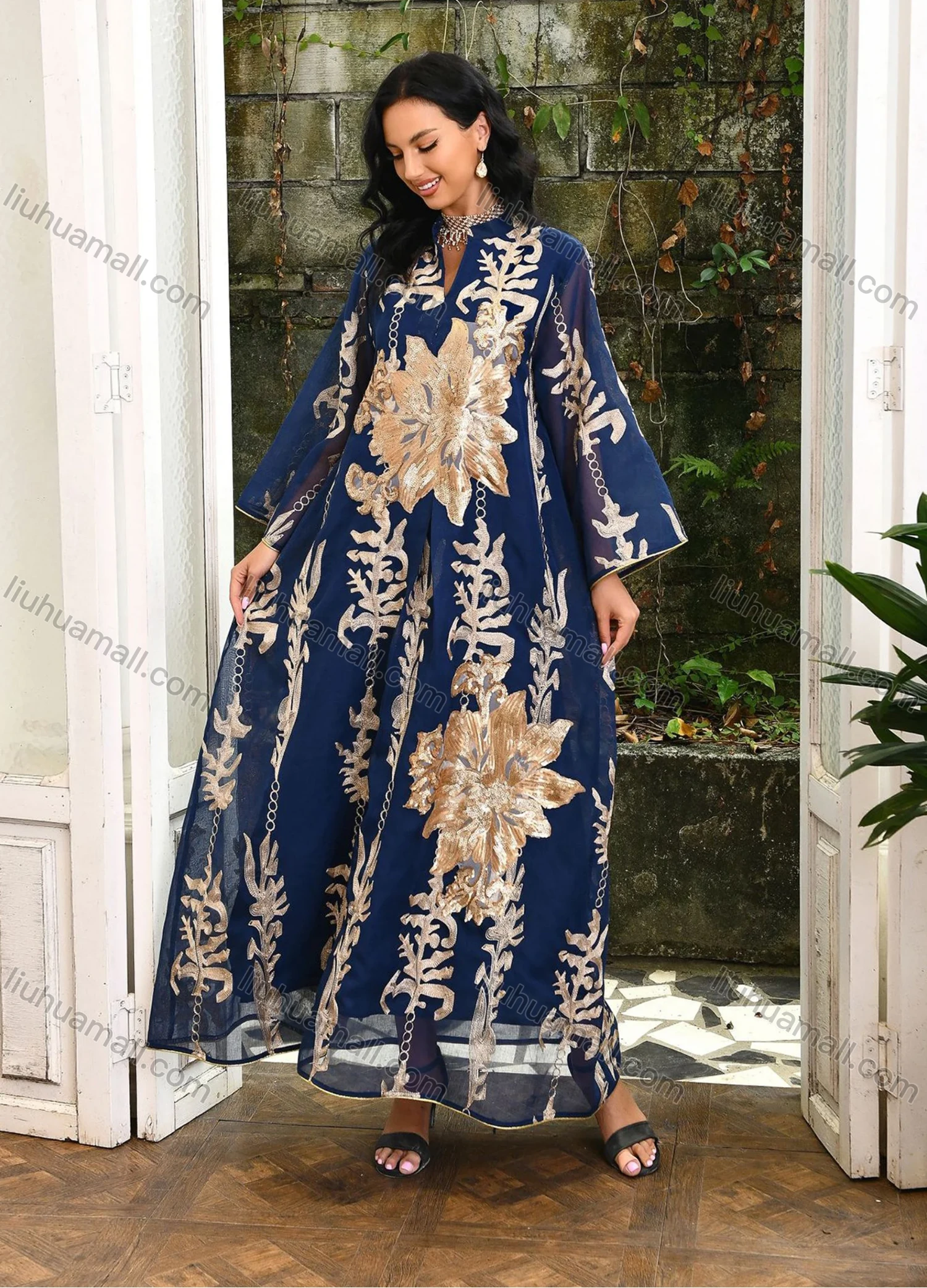 Wholesale Women's Elegant Muslim Appliques Sequin Floral Embroidery Notched Collar Long Sleeve Dubai Abaya Maxi Dress - Liuhuamall