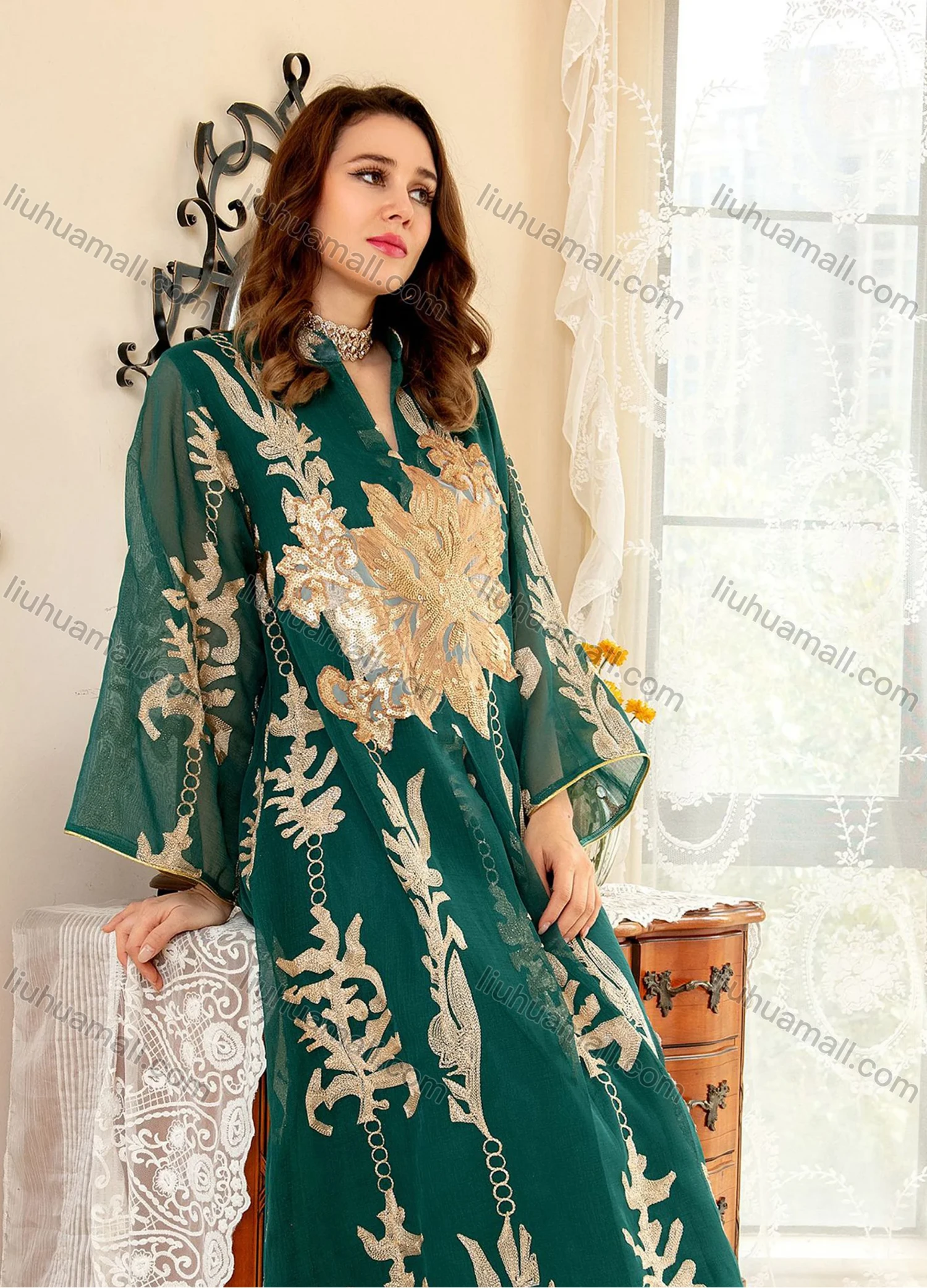 Wholesale Women's Elegant Muslim Appliques Sequin Floral Embroidery Notched Collar Long Sleeve Dubai Abaya Maxi Dress - Liuhuamall