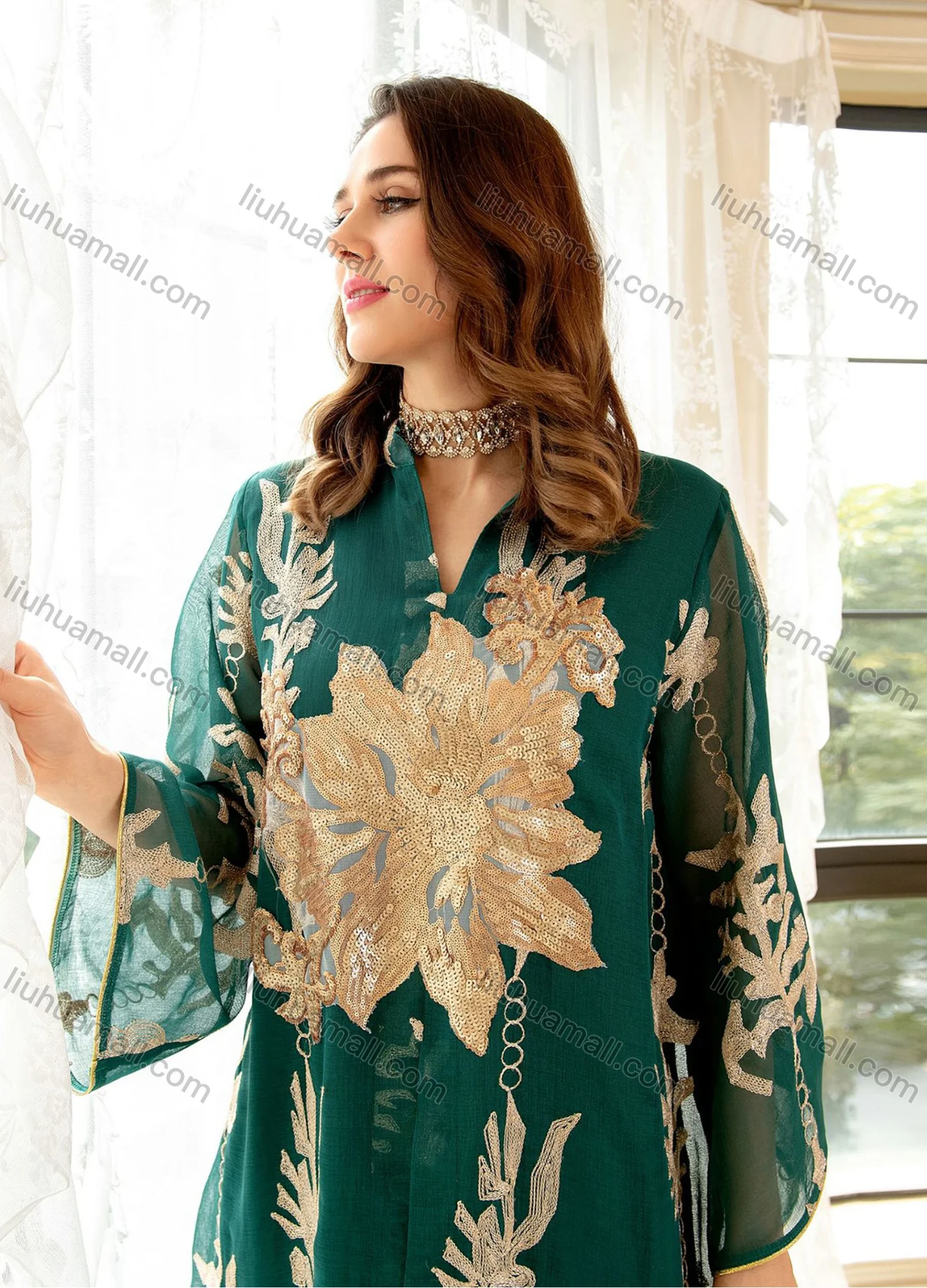 Wholesale Women's Elegant Muslim Appliques Sequin Floral Embroidery Notched Collar Long Sleeve Dubai Abaya Maxi Dress - Liuhuamall