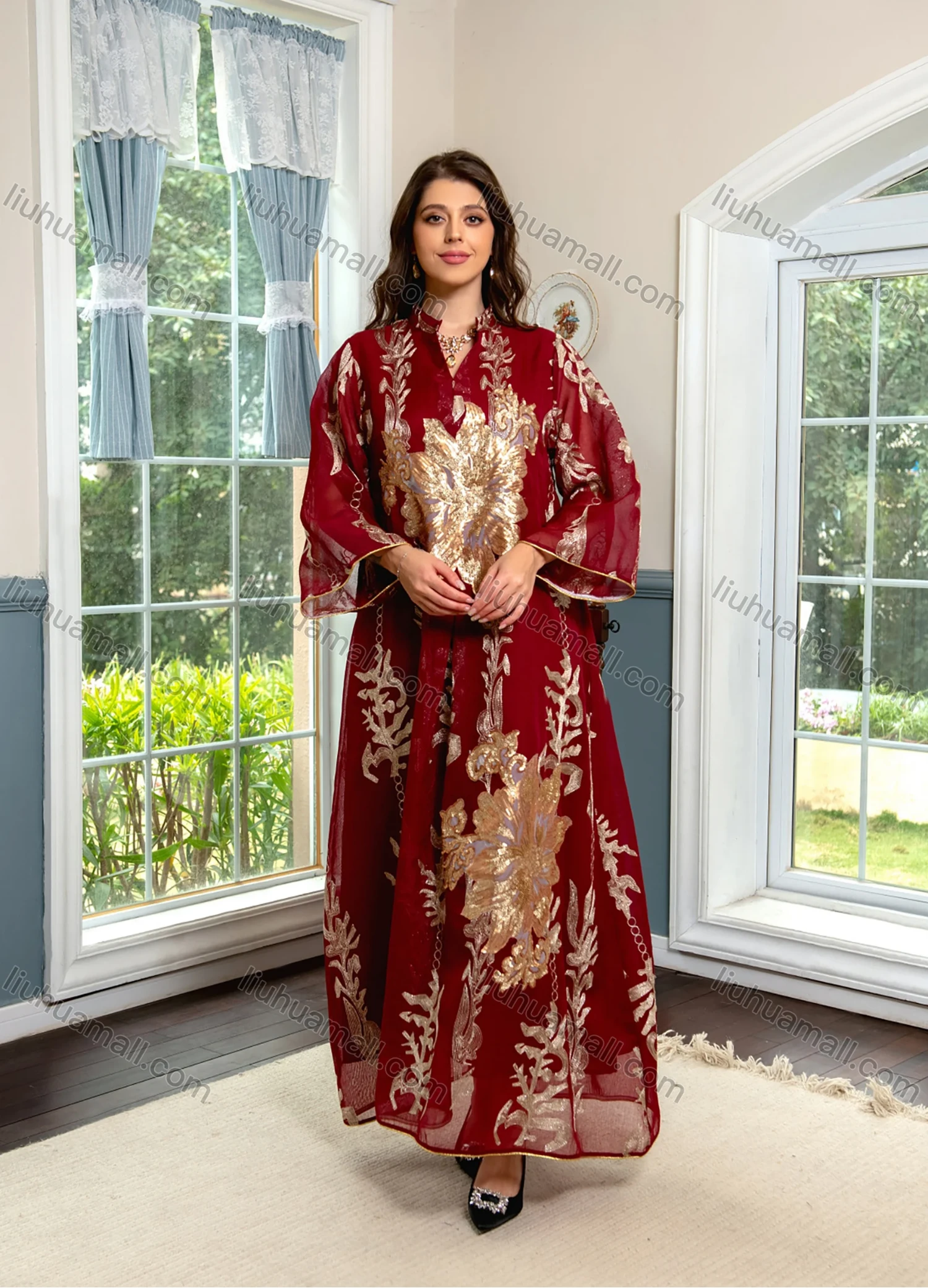 Wholesale Women's Elegant Muslim Appliques Sequin Floral Embroidery Notched Collar Long Sleeve Dubai Abaya Maxi Dress - Liuhuamall