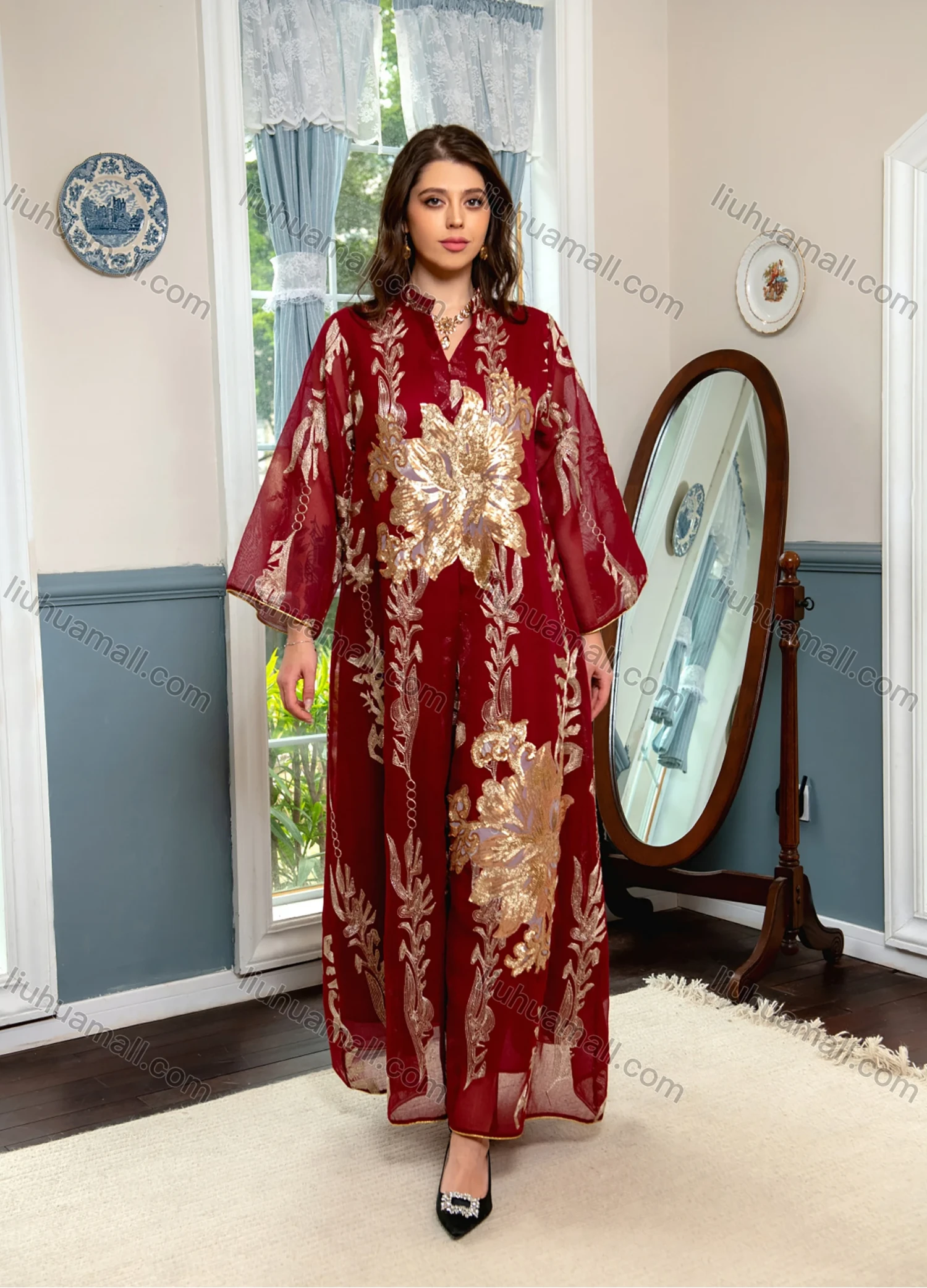 Wholesale Women's Elegant Muslim Appliques Sequin Floral Embroidery Notched Collar Long Sleeve Dubai Abaya Maxi Dress - Liuhuamall