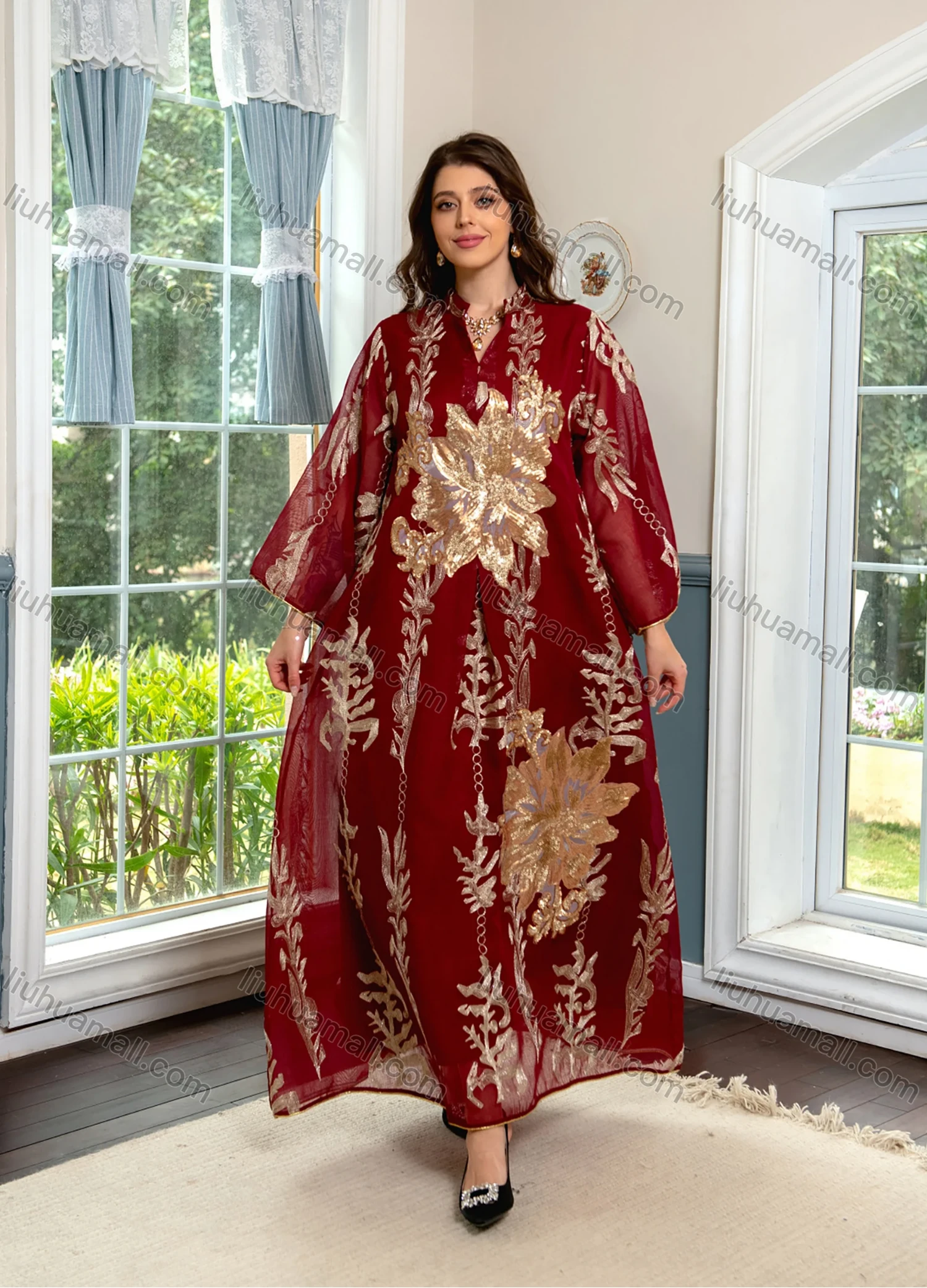 Wholesale Women's Elegant Muslim Appliques Sequin Floral Embroidery Notched Collar Long Sleeve Dubai Abaya Maxi Dress - Liuhuamall