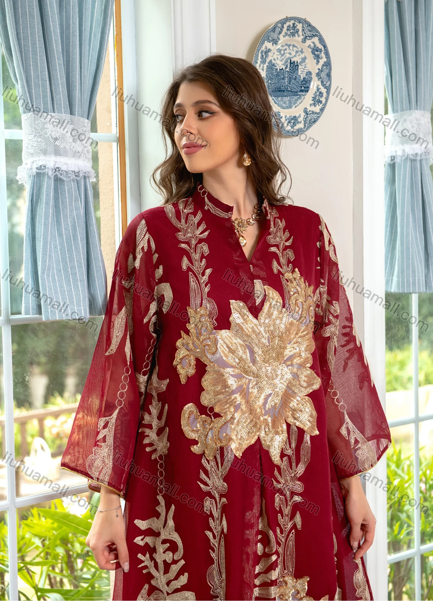 Wholesale Women's Elegant Muslim Appliques Sequin Floral Embroidery Notched Collar Long Sleeve Dubai Abaya Maxi Dress - Liuhuamall