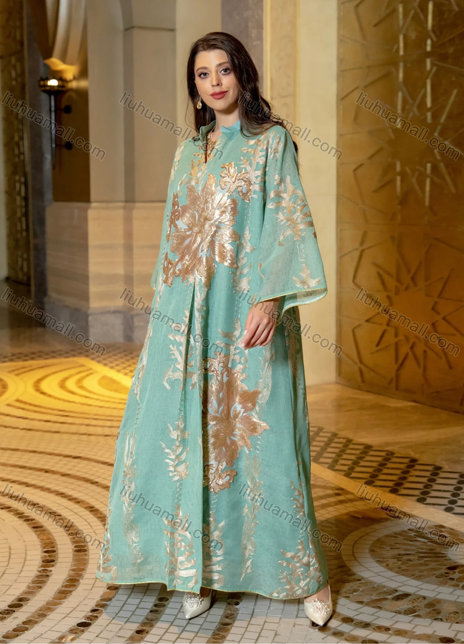 Wholesale Women's Elegant Muslim Appliques Sequin Floral Embroidery Notched Collar Long Sleeve Dubai Abaya Maxi Dress - Liuhuamall