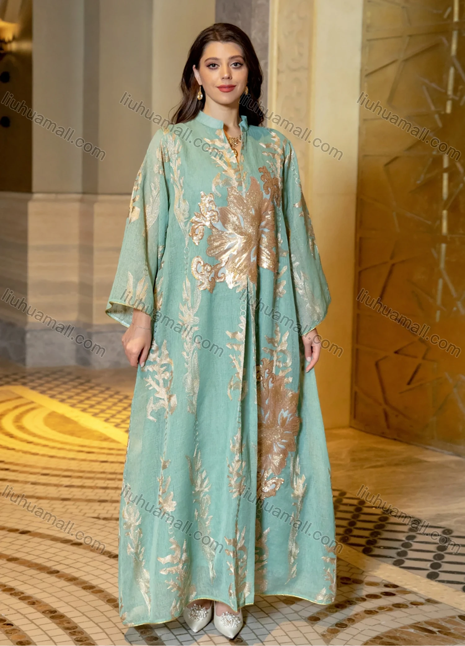 Wholesale Women's Elegant Muslim Appliques Sequin Floral Embroidery Notched Collar Long Sleeve Dubai Abaya Maxi Dress - Liuhuamall