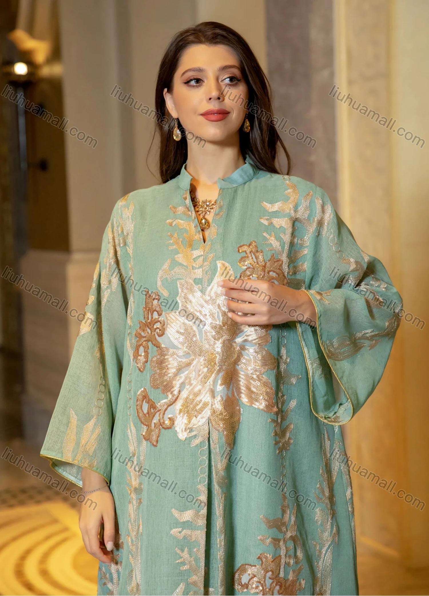 Wholesale Women's Elegant Muslim Appliques Sequin Floral Embroidery Notched Collar Long Sleeve Dubai Abaya Maxi Dress - Liuhuamall