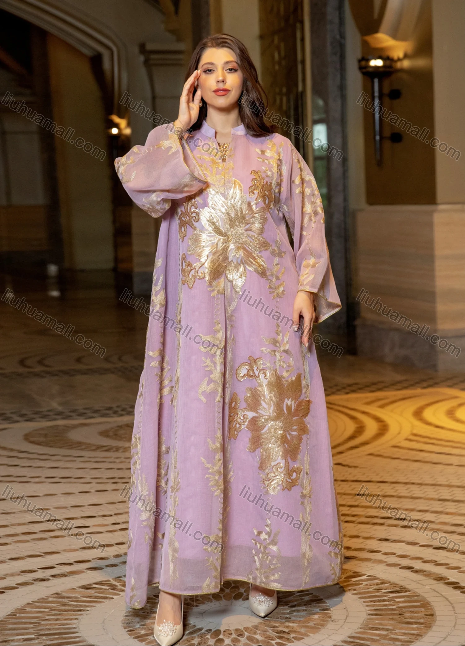 Wholesale Women's Elegant Muslim Appliques Sequin Floral Embroidery Notched Collar Long Sleeve Dubai Abaya Maxi Dress - Liuhuamall