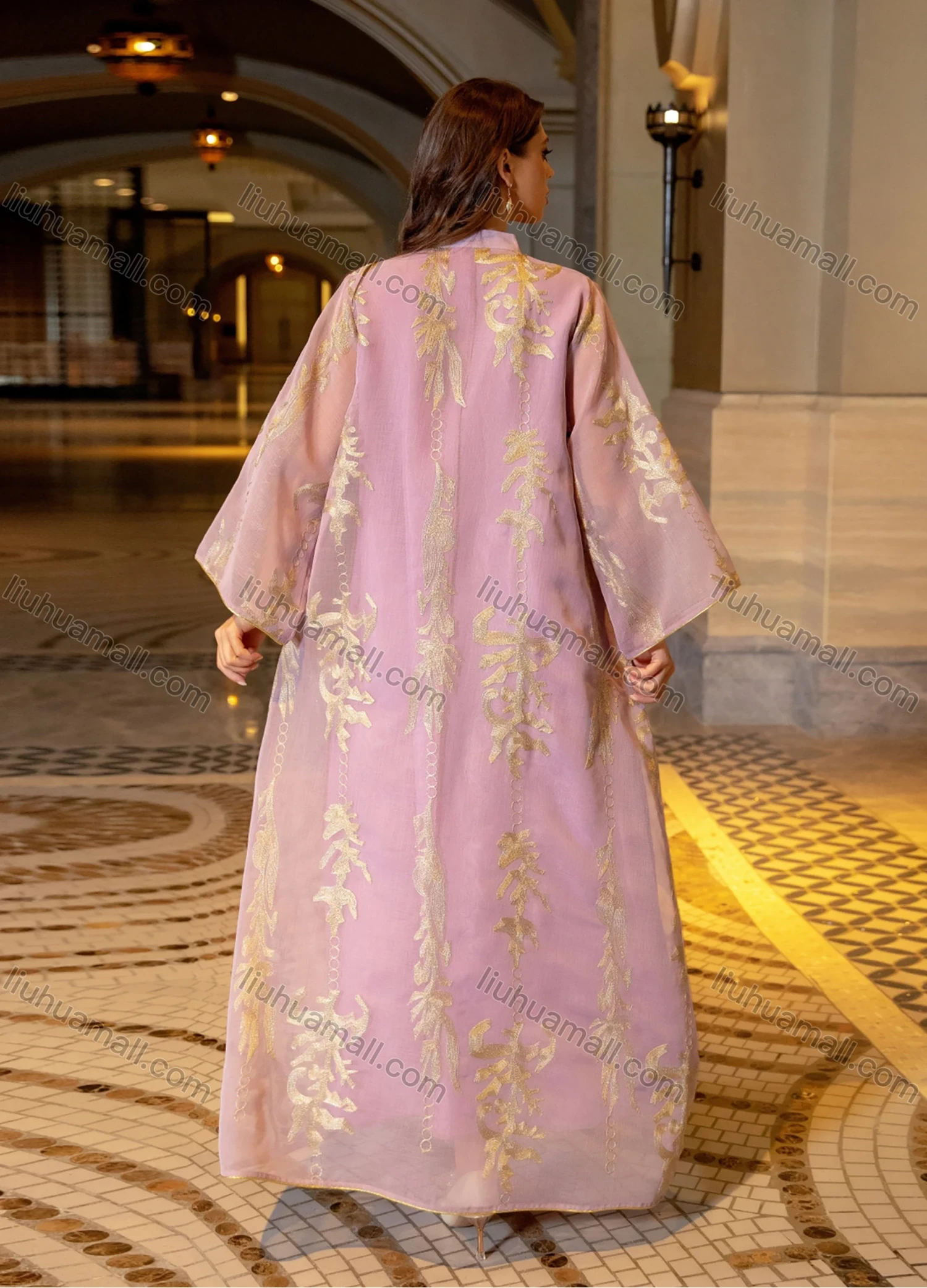Wholesale Women's Elegant Muslim Appliques Sequin Floral Embroidery Notched Collar Long Sleeve Dubai Abaya Maxi Dress - Liuhuamall