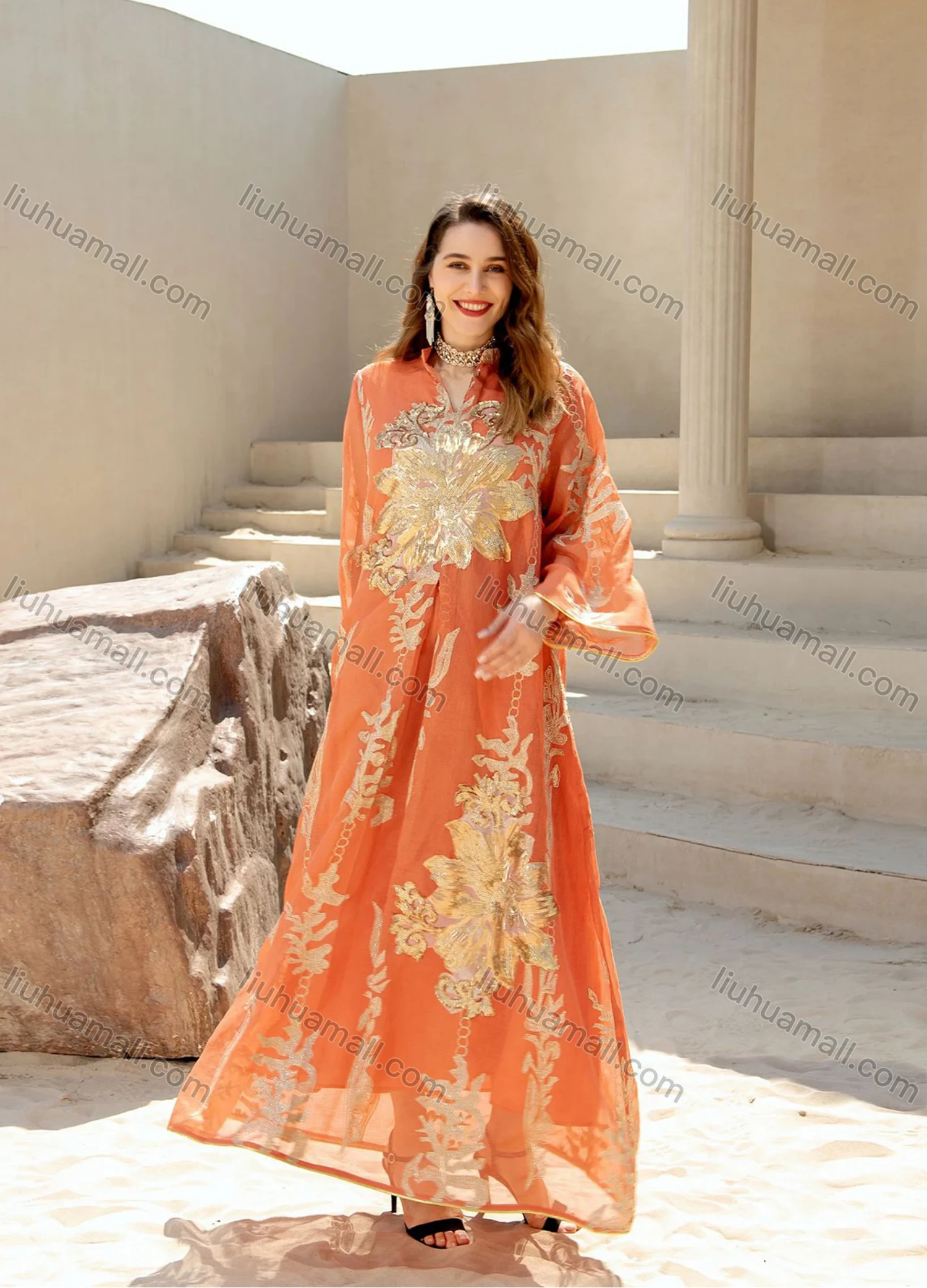 Wholesale Women's Elegant Muslim Appliques Sequin Floral Embroidery Notched Collar Long Sleeve Dubai Abaya Maxi Dress - Liuhuamall