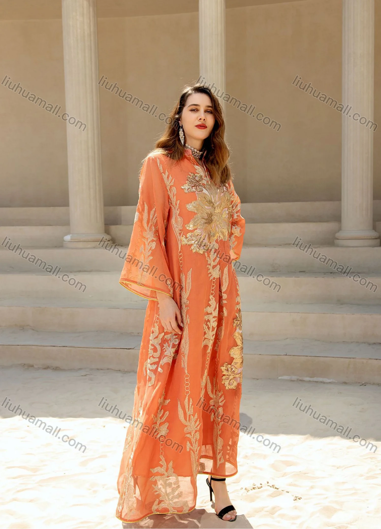 Wholesale Women's Elegant Muslim Appliques Sequin Floral Embroidery Notched Collar Long Sleeve Dubai Abaya Maxi Dress - Liuhuamall