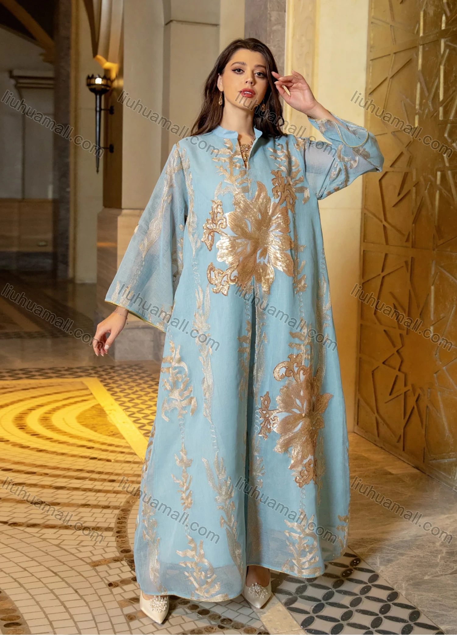 Wholesale Women's Elegant Muslim Appliques Sequin Floral Embroidery Notched Collar Long Sleeve Dubai Abaya Maxi Dress - Liuhuamall