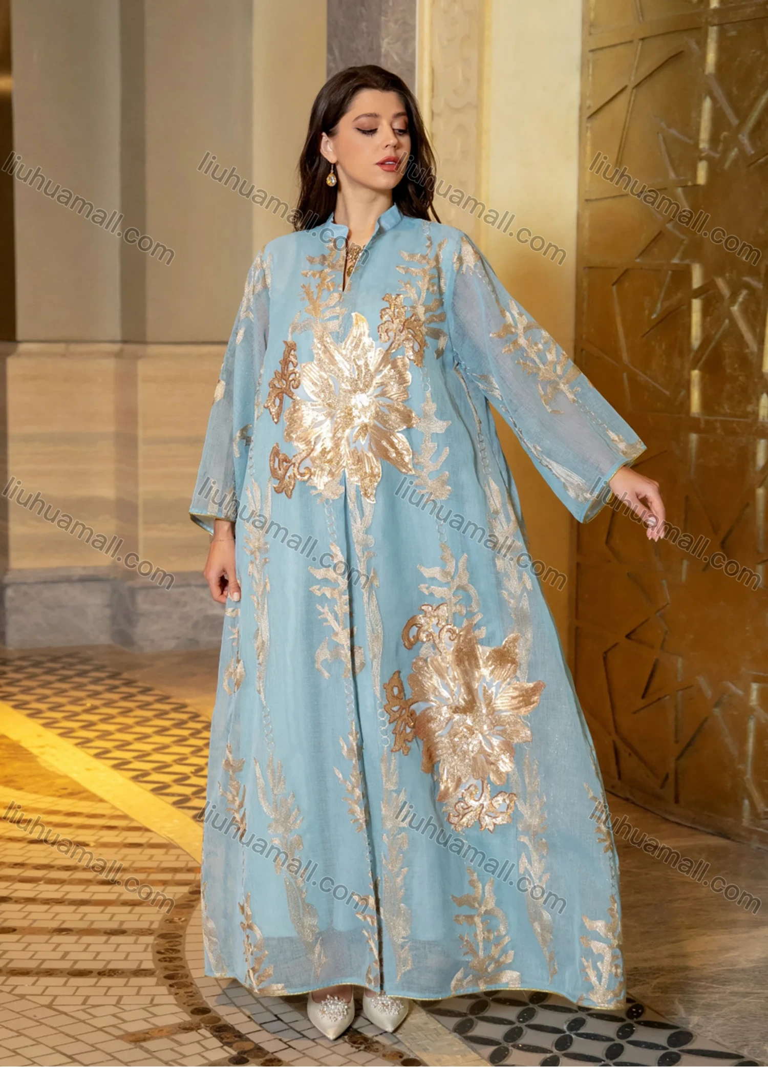Wholesale Women's Elegant Muslim Appliques Sequin Floral Embroidery Notched Collar Long Sleeve Dubai Abaya Maxi Dress - Liuhuamall
