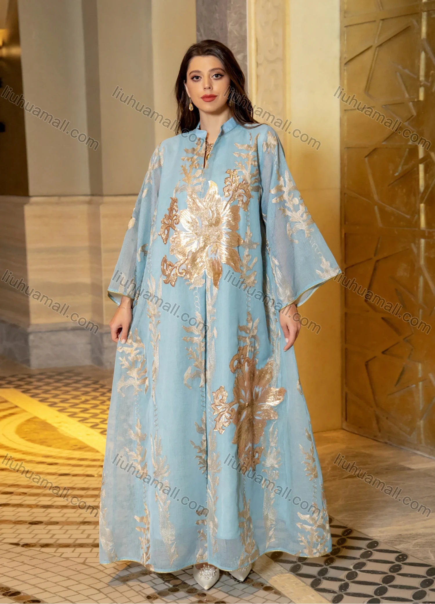 Wholesale Women's Elegant Muslim Appliques Sequin Floral Embroidery Notched Collar Long Sleeve Dubai Abaya Maxi Dress - Liuhuamall